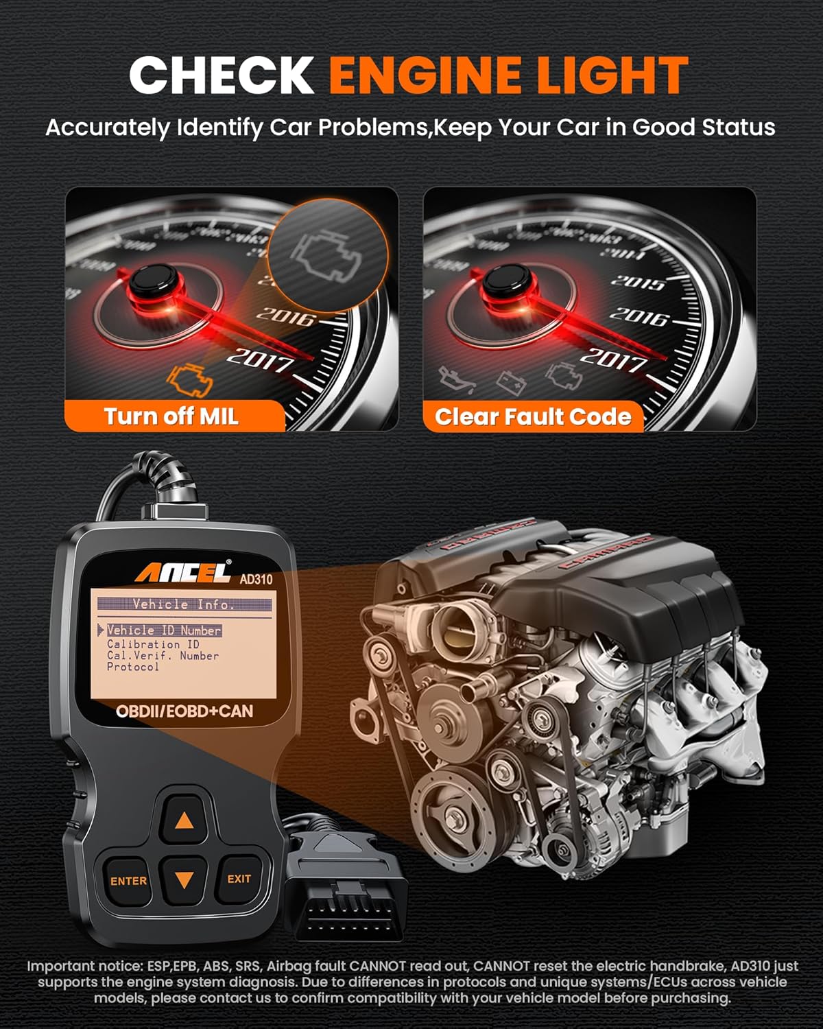 Dashboard showing check engine light before and after clearing fault code with Ancel AD310