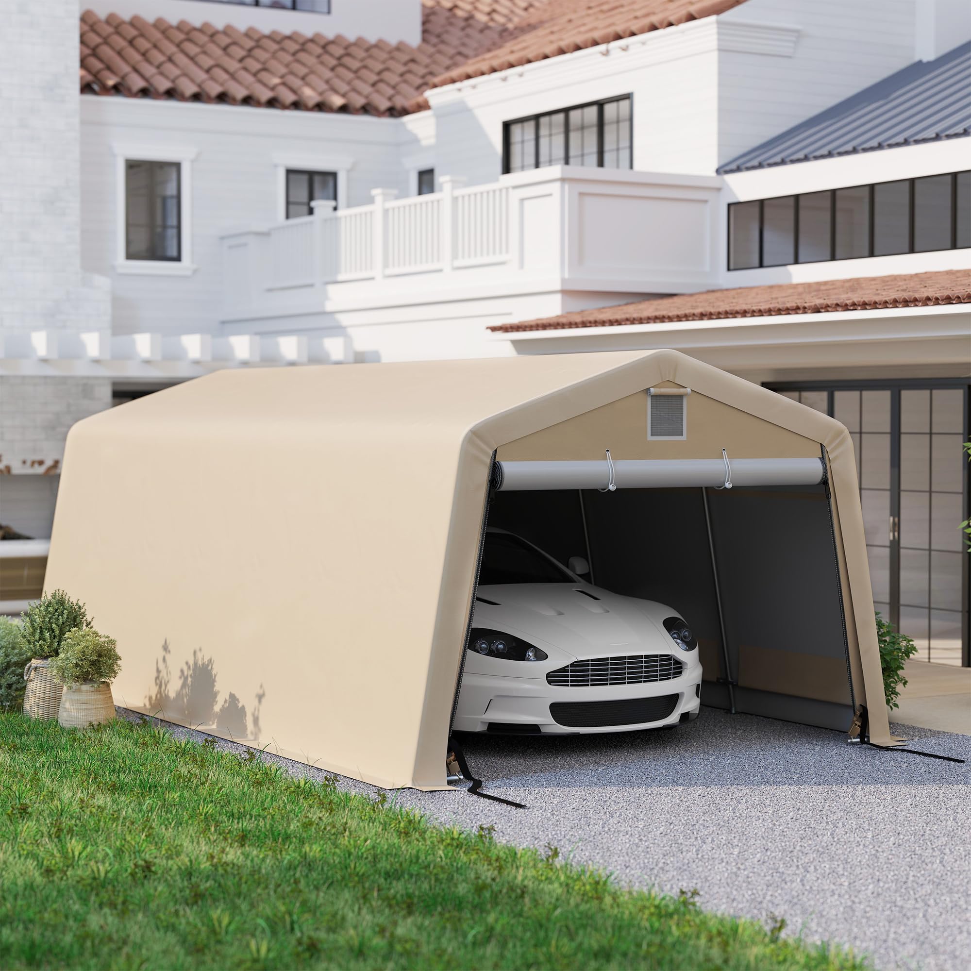 Garaje Outsunny Tente Dim. 6,2L x 3,3l x 2,4H m Robusto Acero galvanizado PE Alta Densidad 150 g/m² Impermeable Anti-UV, 1 Puerta Caqui y 2 respiraderos