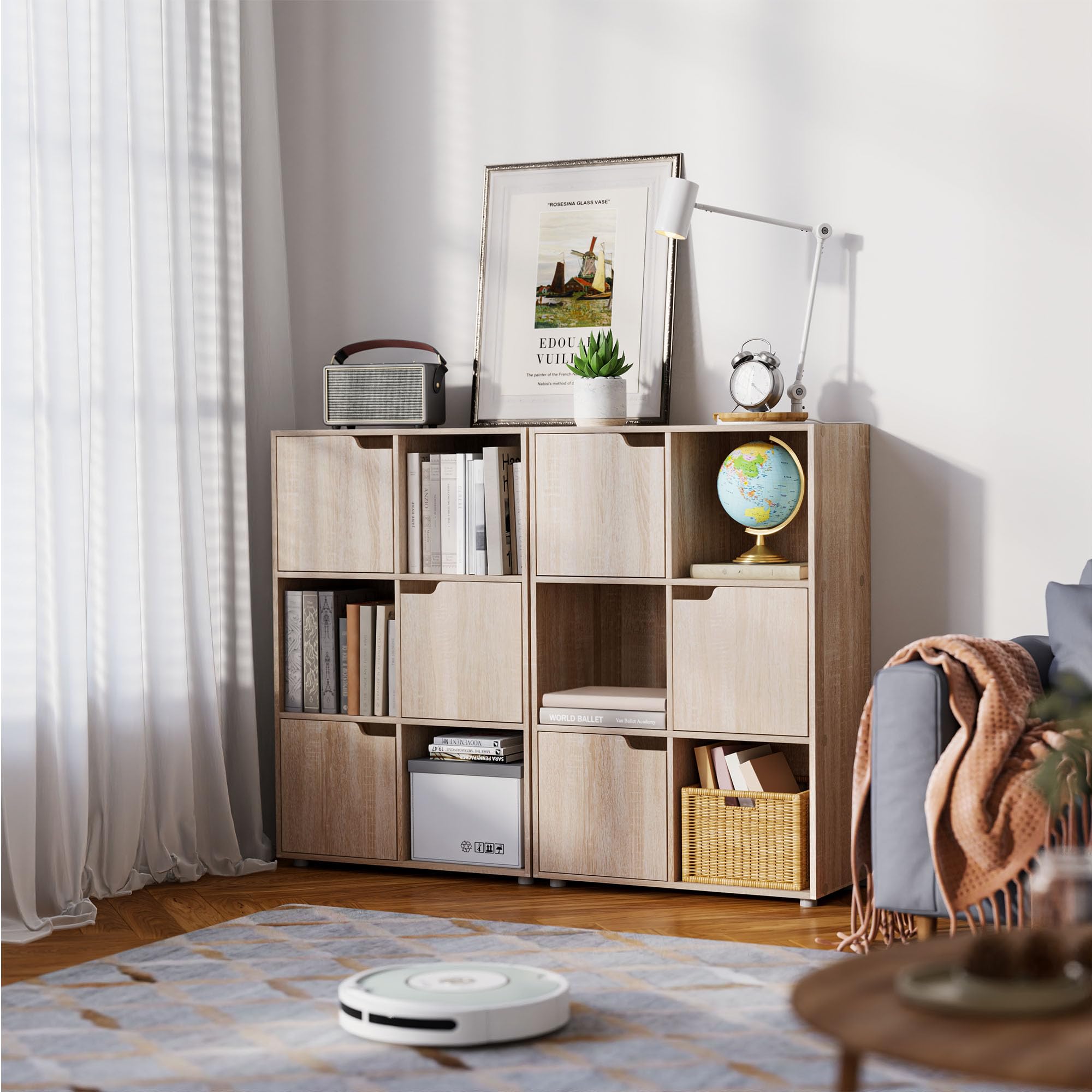 WOLTU Bibliothèque Armoire Etagère de Rangement 59,6x29x91cm en MDF pour Salon Bureau avec 3 Portes 6 Compartiments,Chêne Clair