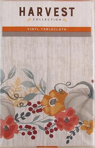 Miniatura 5 de Mantel trasero de franela de vinilo de madera desgastada con diseño de calabazas grises en medio del follaje otoñal (52 x 70 pulgadas, oblongo)