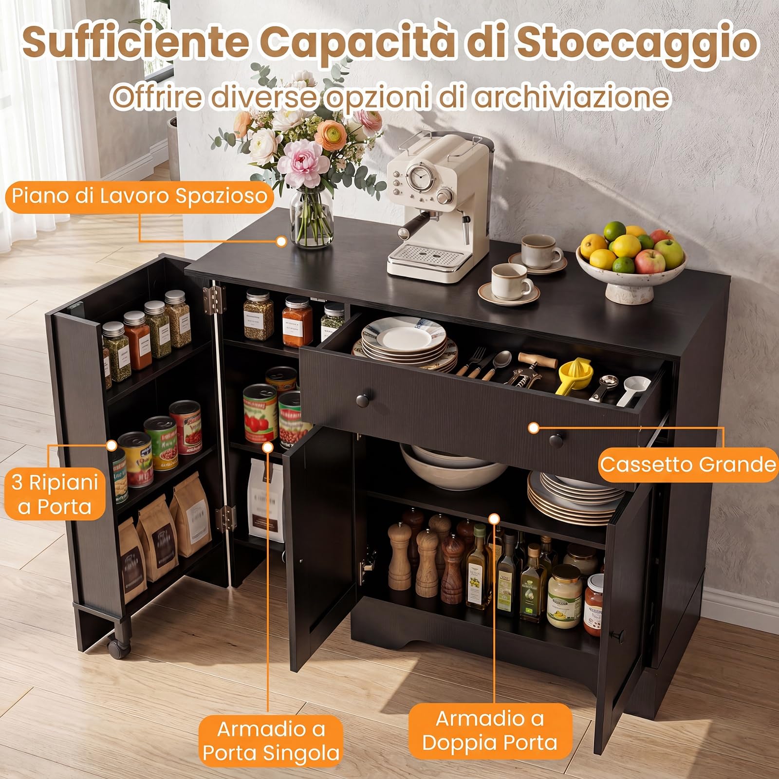 COSTWAY Credenza Buffet da Cucina in Legno, 105 x 40 x 83 cm (Nero) | Mobile Dispensa da Cucina con Cassetto, Ripiani, Anta Girevole con Ruota, Armadietto a 2 Ante, per Soggiorno e Sala da Pranzo