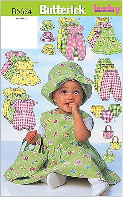 Butterick Patterns B5624 Size Large L-XL Infants Dress Jumper Romper Jumpsuit Panties Hat and Bag , Pack of 1, White