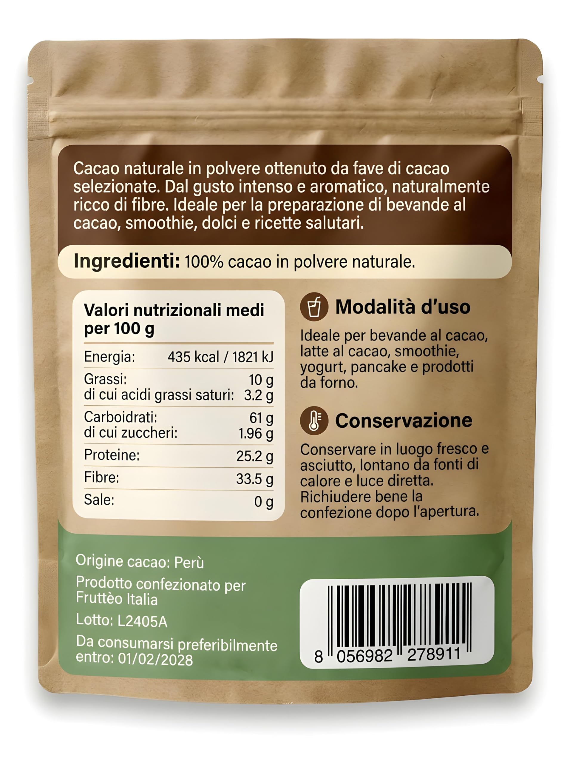 Cacao Amaro in Polvere 1 Kg – 100% Naturale Non Alcalinizzato – Alto Contenuto di Fibre (33%) – Senza Zucchero – Ideale per Dieta, Fitness e Colazione Sana