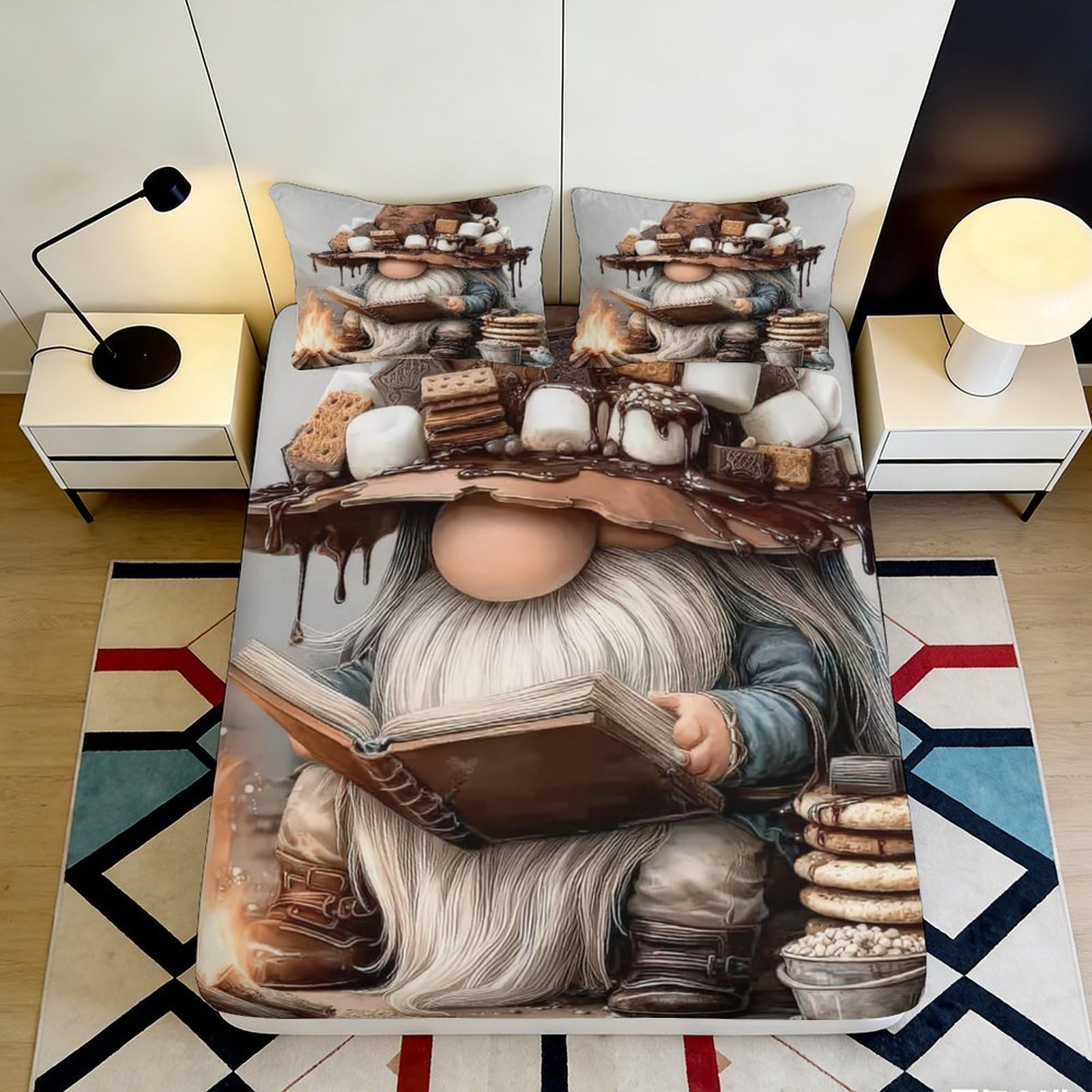 3D Printed Gnome with Chocolate Microfiber Fitted Sheet Soft Breathable Marshmallow Bed Cover for Bedroom Dormitory Guest Room Mattress Protection 120x200x25cm