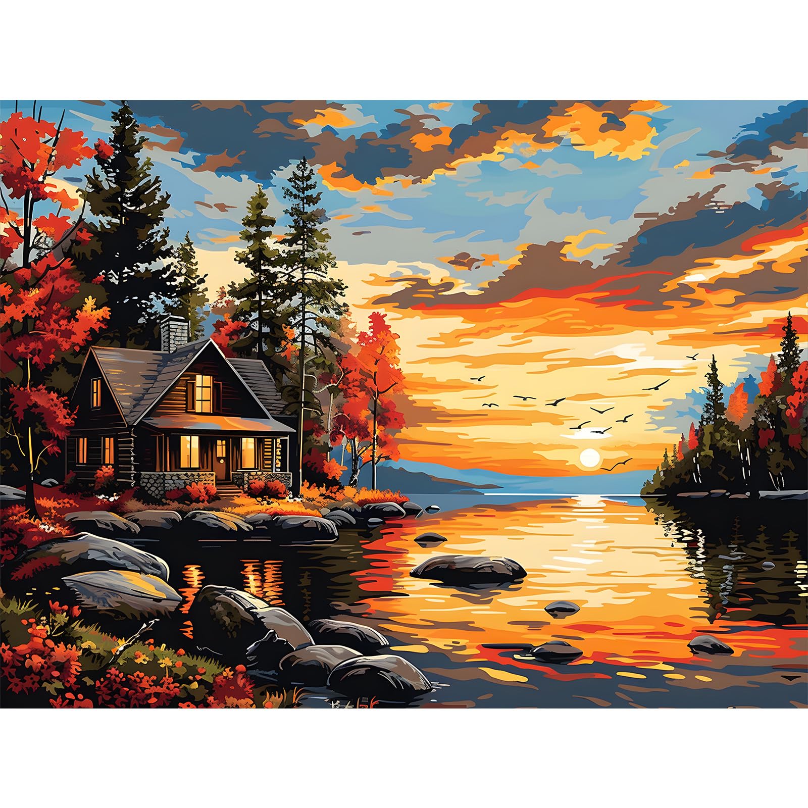 KEYIFA Paint by Numbers for Adults, Lakeside Dusk Painting by Number Canvas Kits with Acrylic Paint Brushes, DIY Craft Oil Painting Art Kits for Adults, Home Wall Decor