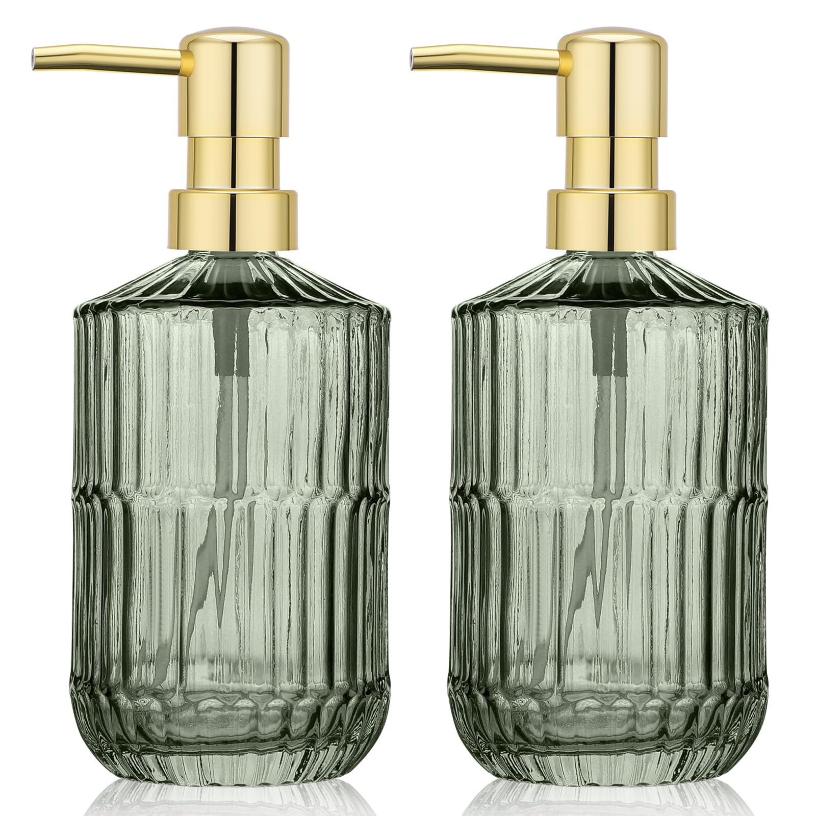 Segus Shampoo and Conditioner Dispenser, 2 Pieces 450ml Handwash Dispenser Bottle, Refillable and Empty, Glass Pump Bottle, Kitchen Accessories (Green, With Golden Pump Head)