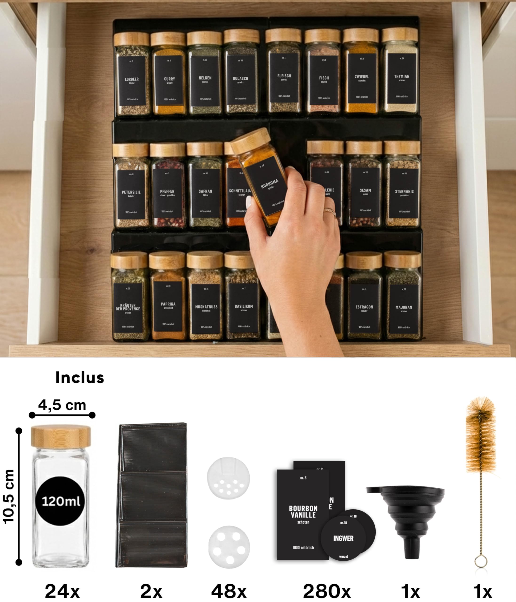 Deco haus® Range epices cuisine tiroir avec Pots Lot de 24 avec Étiquettes - Rangement épices tiroir - Organisateur epice Grande Capacité Extensible