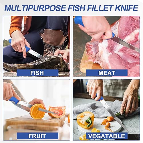 Miniatura 5 de BOLEXINO Cuchillo de filete estrecho de 9 pulgadas para pescado con funda, hoja flexible con agarre suave y mango antideslizante, cuchillos de acero