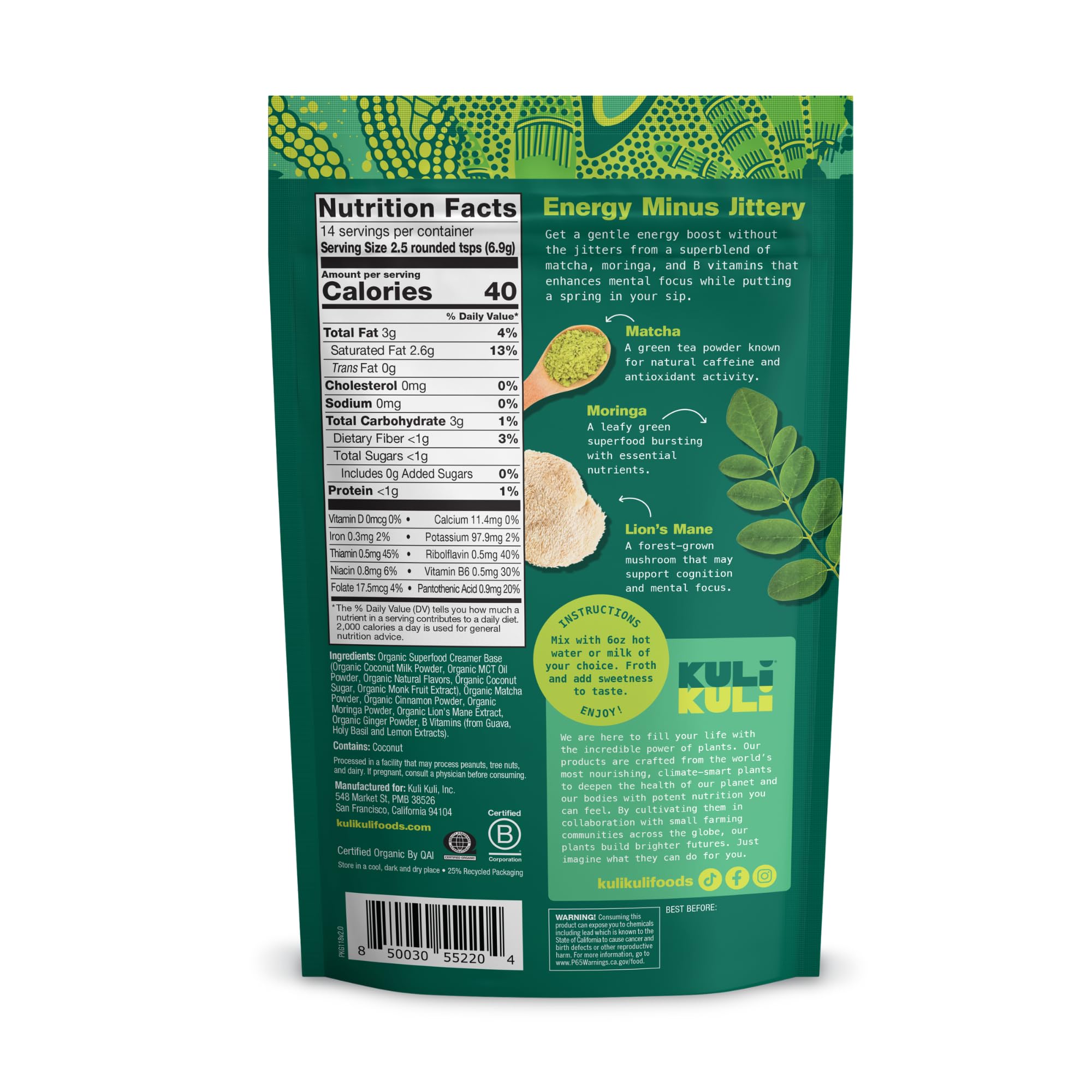 Kuli Kuli Matcha Moringa Organic Superfood Latte - Matcha Green Tea Powder for Natural Caffeine Antioxidants with Moringa — view 2