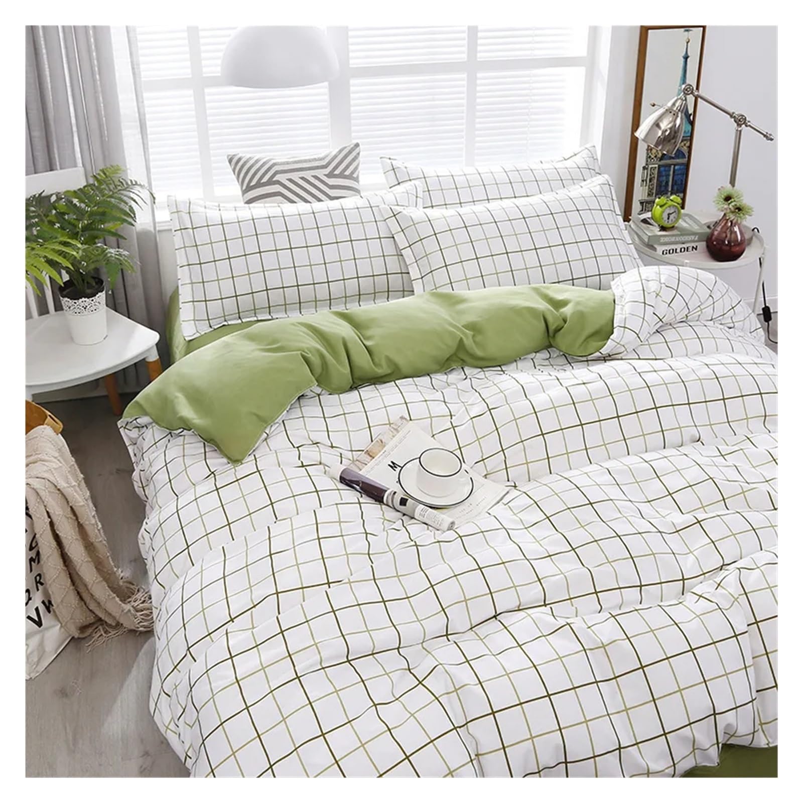 Parure de lit double style nordique blanc et vert avec housse de couette et drap queen