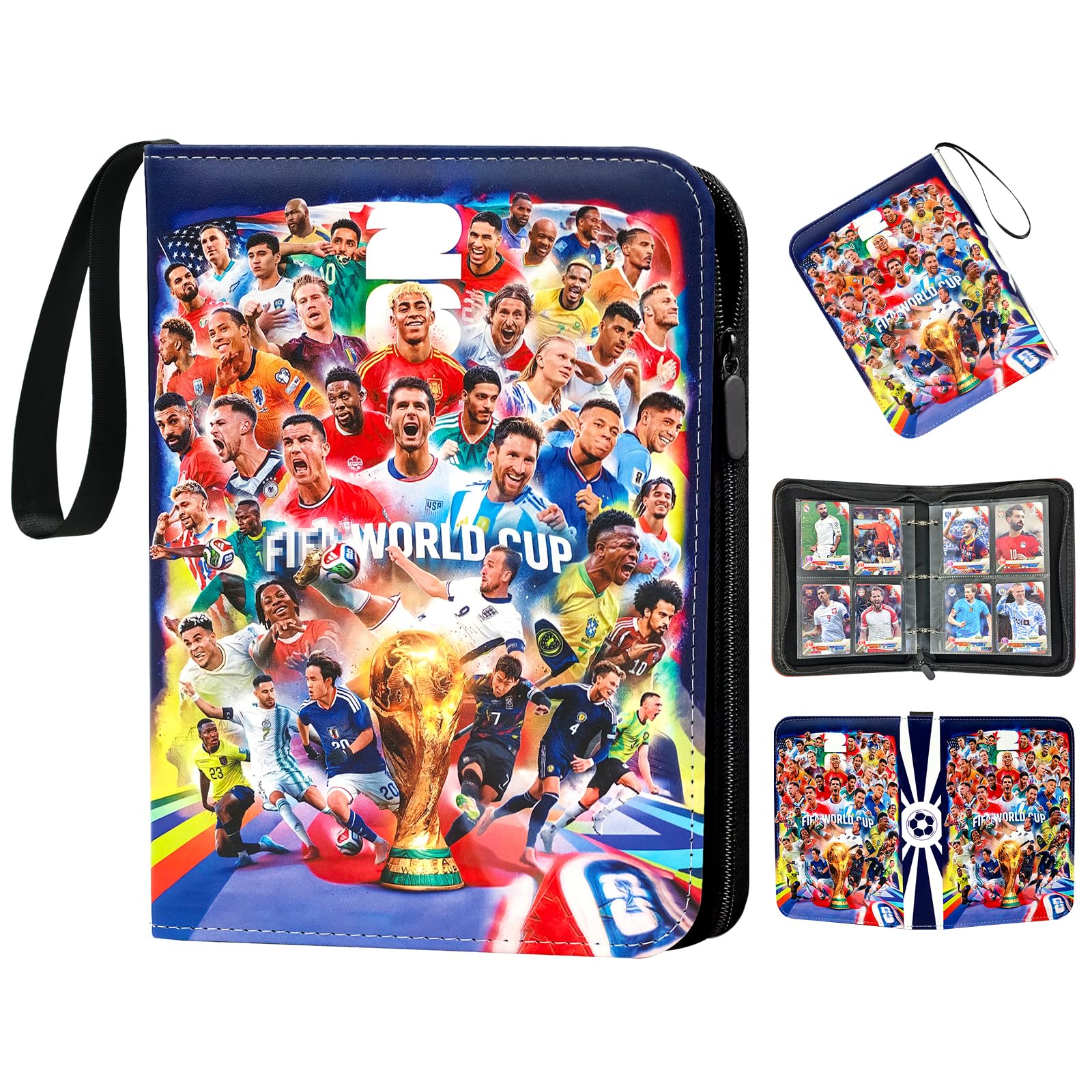 WM 2026 Fussball Sammelkarten Album mit Reißverschluss Tragegriff, 4 Fächern 50 Hüllen für 400 Karten, Fußball Karten Sammelalbum Sammelmappe Sammelheft Sammelbuch, Wasserdicht Heft Ordner