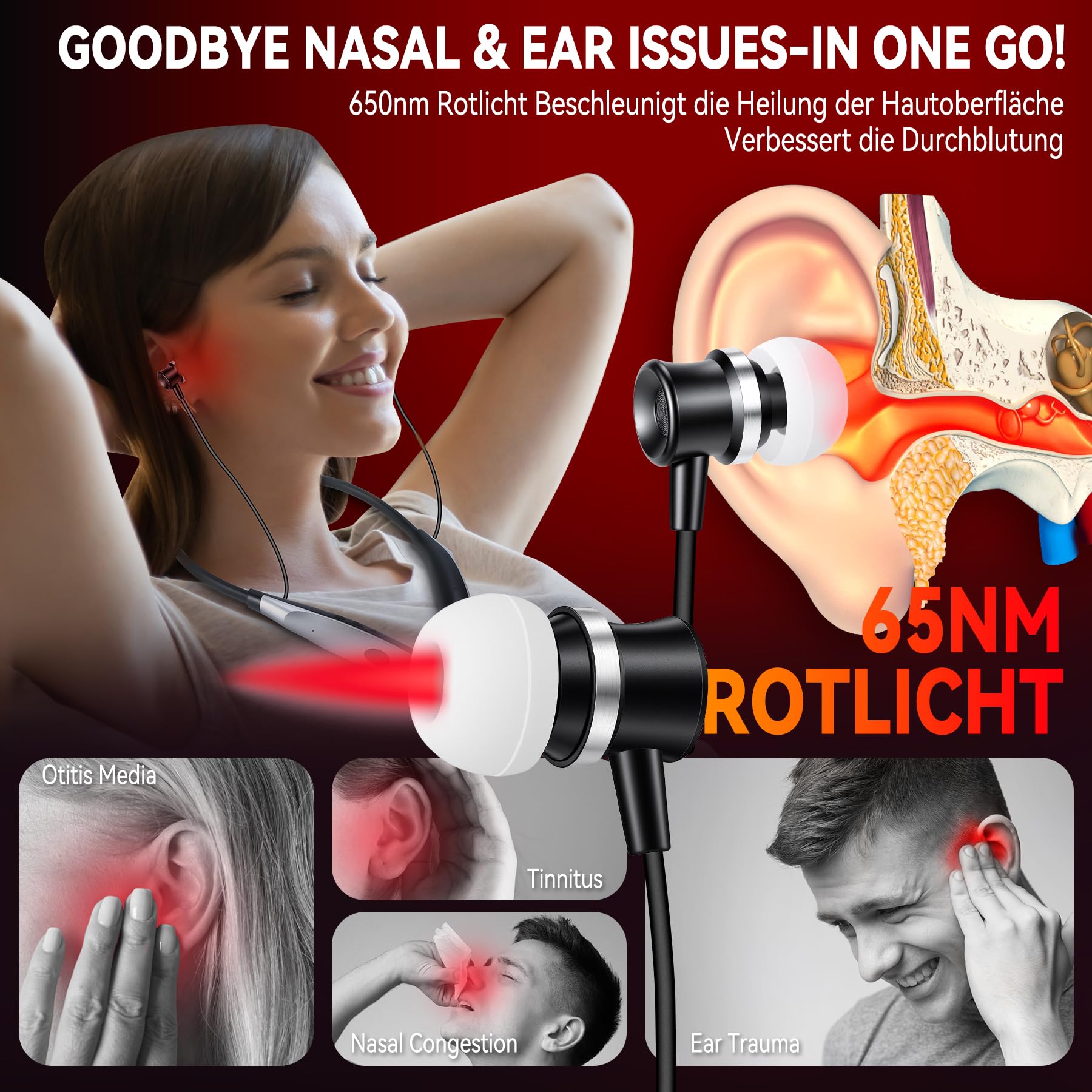 VAYALT Tinnitus Infrarot Ohrstöpsel, 2-in-1 Rotlichttherapiegerät für Nase Ohren, Rotlicht Nase mit 650nm Wellenlänge, Infrarot Unterstützung zur Linderung von Tinnitus