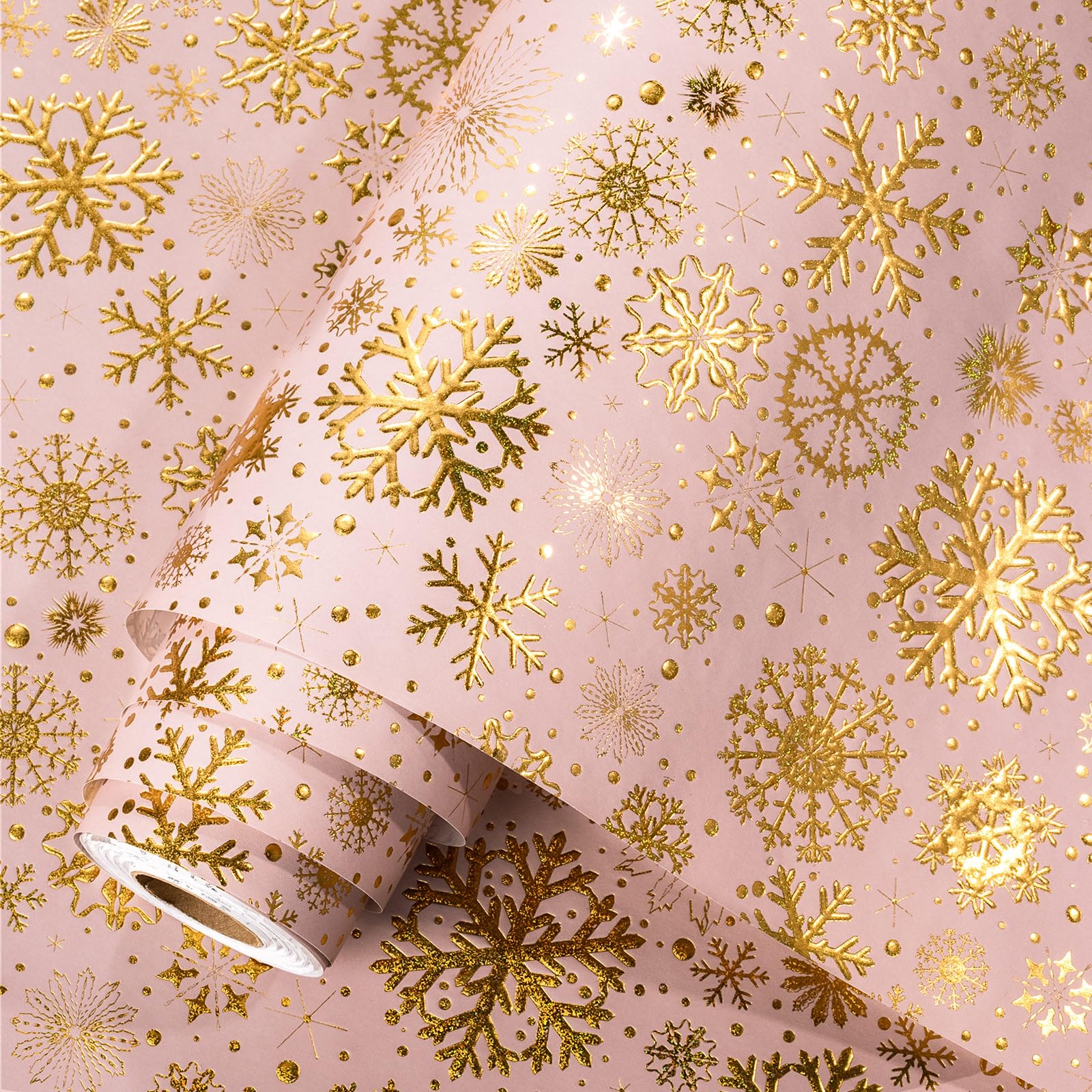 Homeral Pink Christmas wrapping paper roll - 3D Embossed Gold Metallic Foil Shine Snowfalke on Pink for Christmas, Winter Holidat, New Year Celebration - Mini Roll - 17 In x 33 Ft