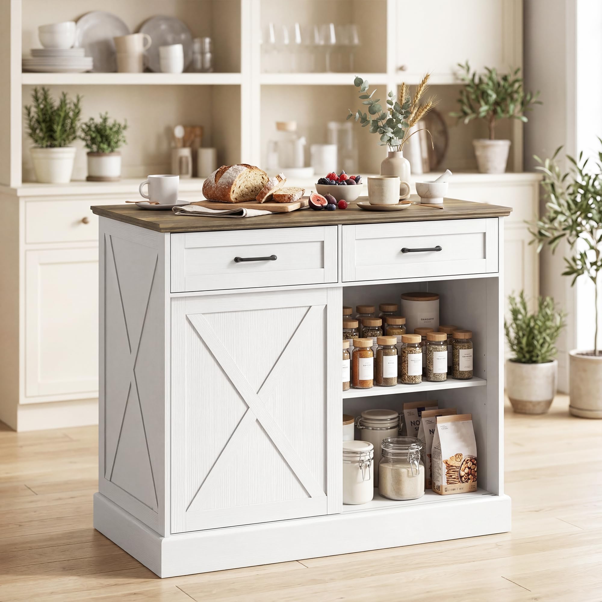 HOMCOM Îlot Central Cuisine, Buffet Cuisine, Meuble de Rangement avec 2 Tiroirs, 2 Portes Coulissantes et Étagère Réglable, Style Rustique, 106,4 x 57 x 92 cm, Blanc et Marron
