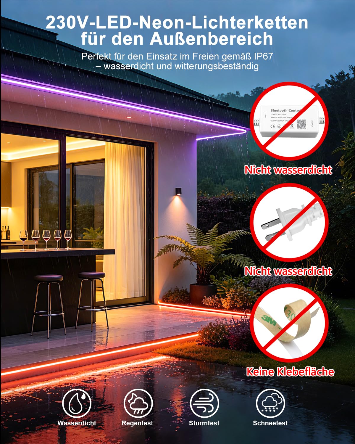 ALITOVE 10m RGB COB LED Streifen Aussenbereich 230V Band App+Fernbedienung | Heller 420LEDs/M, IP67 Wasserdicht, Musik-Synchronisation, ideal für Garten, Terrasse und Partydeko, Nicht Selbstklebend