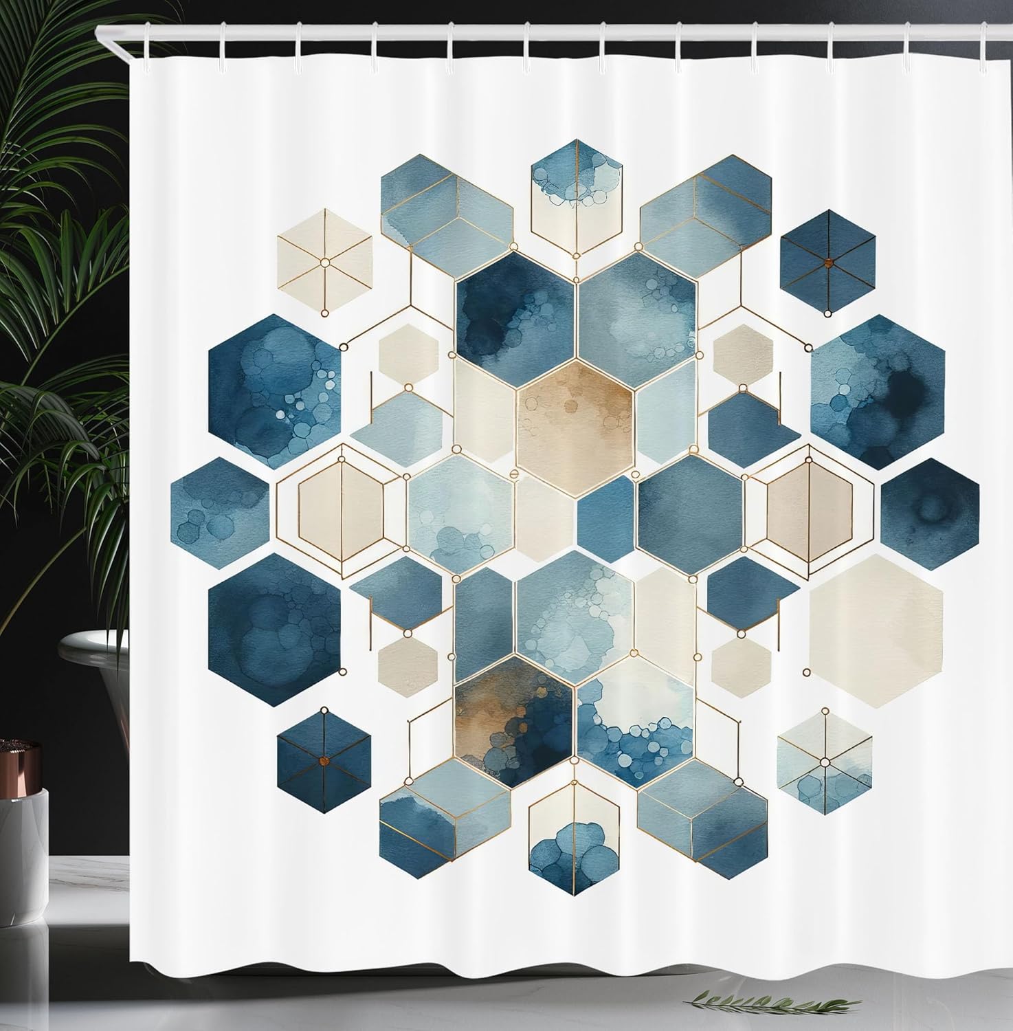 Ambesonne Blue Shower Curtain, Contemporary Geometric Hexagons Minimal Modern Shapes Illustration, Cloth Fabric Bathroom Decor Set with Hooks, 69" W x 84" L, Sea Blue Eggshell and White