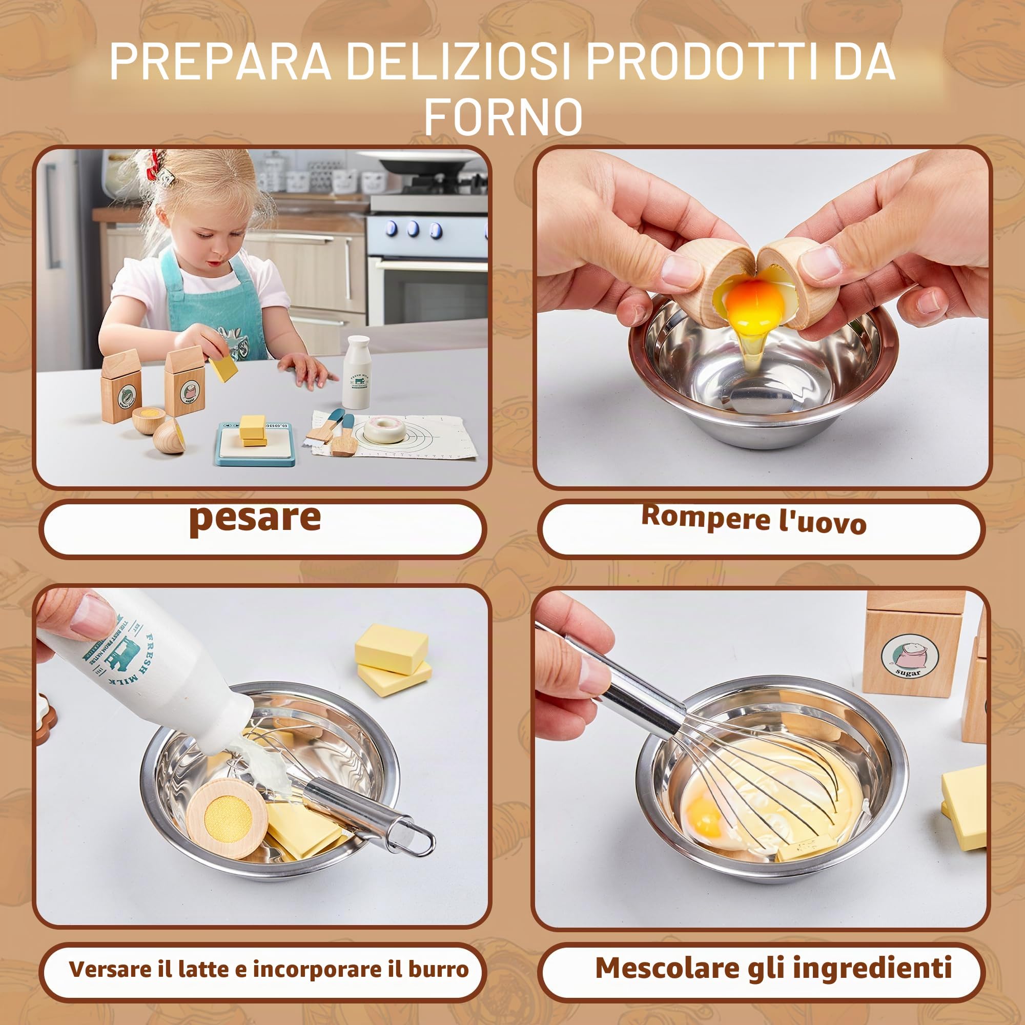 Set di alimenti da gioco in legno per bambini piccoli Giocattoli cibo pretend play accessori da cucina con borsa della spesa