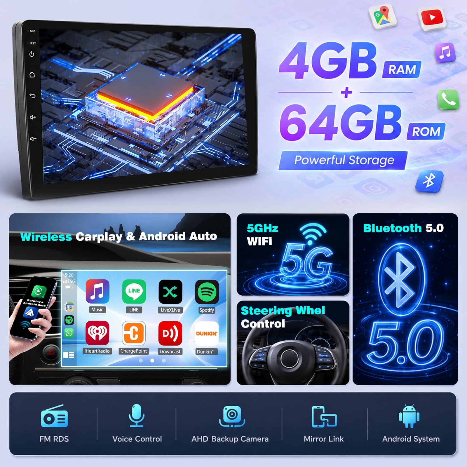 4+64GB Radio Android dla VW Golf 7 2013-2017, ekran dotykowy 9 cali z Bezprzewodowy CarPlay Android Auto, Nawigacja GPS, Bluetooth, RDS, FM, WiFi, Kamera cofania AHD