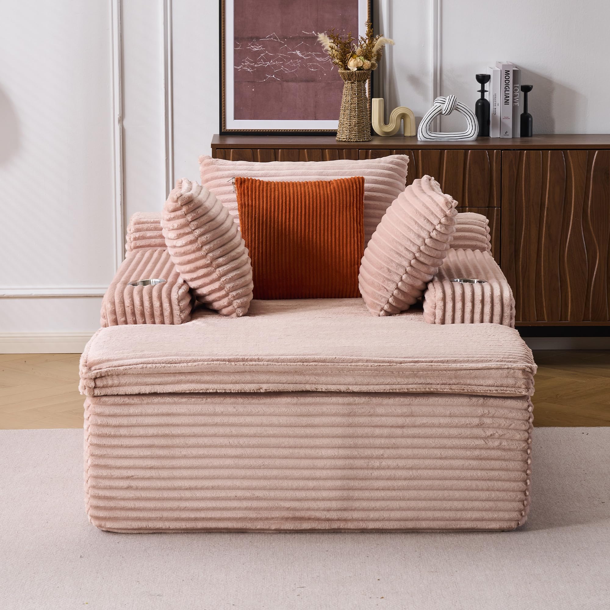 Sofa do spania bez kości różowa ze sztruksu, bez montażu, z poduszką