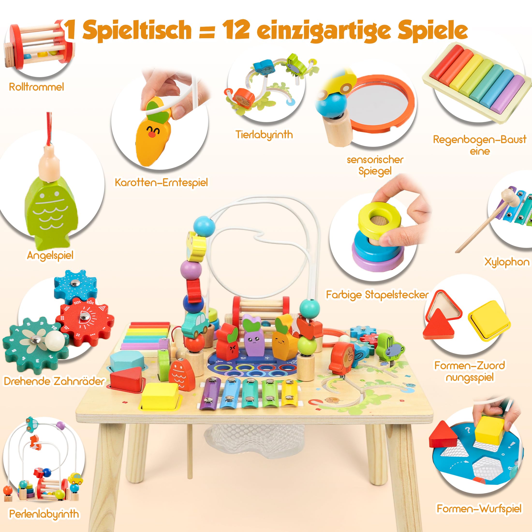 Montessori Spieltisch ab 1 Jahr aus Holz, 12-in-1 Spielzeug Jungen Mädchen