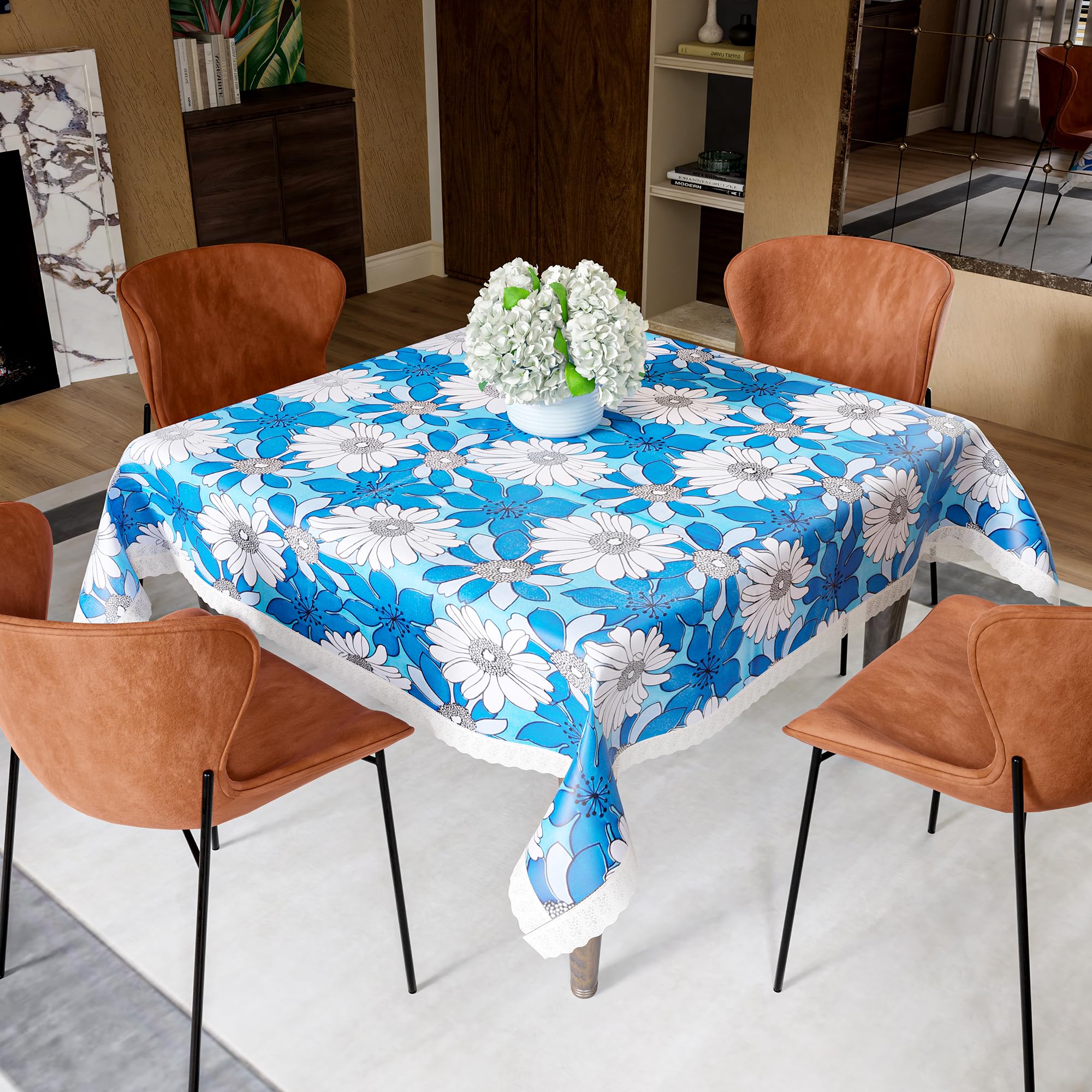 Kuber Industries 48x48 Inch PVC 4 Seater Table Cover Cloth | Multipurpose Square Dining Table Cover/Cloth for Party and Events | Sunflower - Blue & White