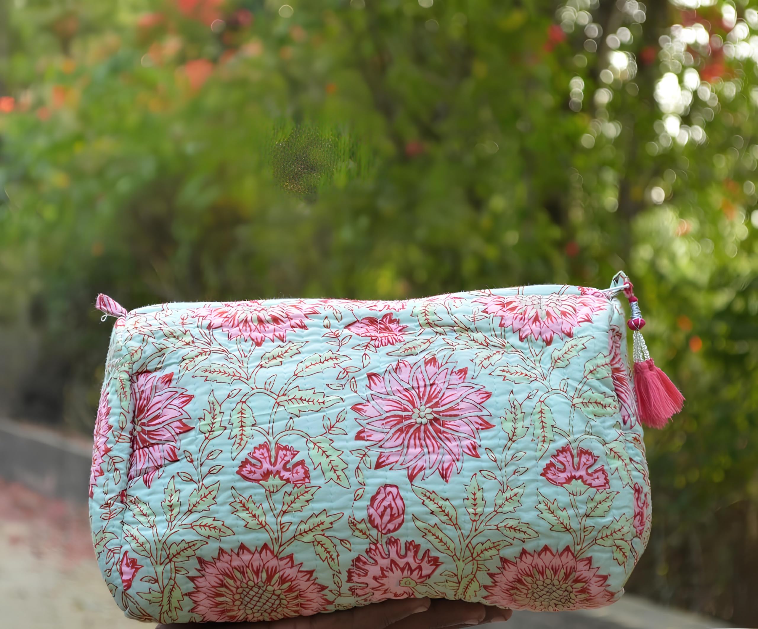 INDACORIFY Juego de 3 Bolsas Acolchadas de algodón Indio, Kit de Afeitado, artículos de tocador, Bolsa de Maquillaje con Estampado de Bloques Florales