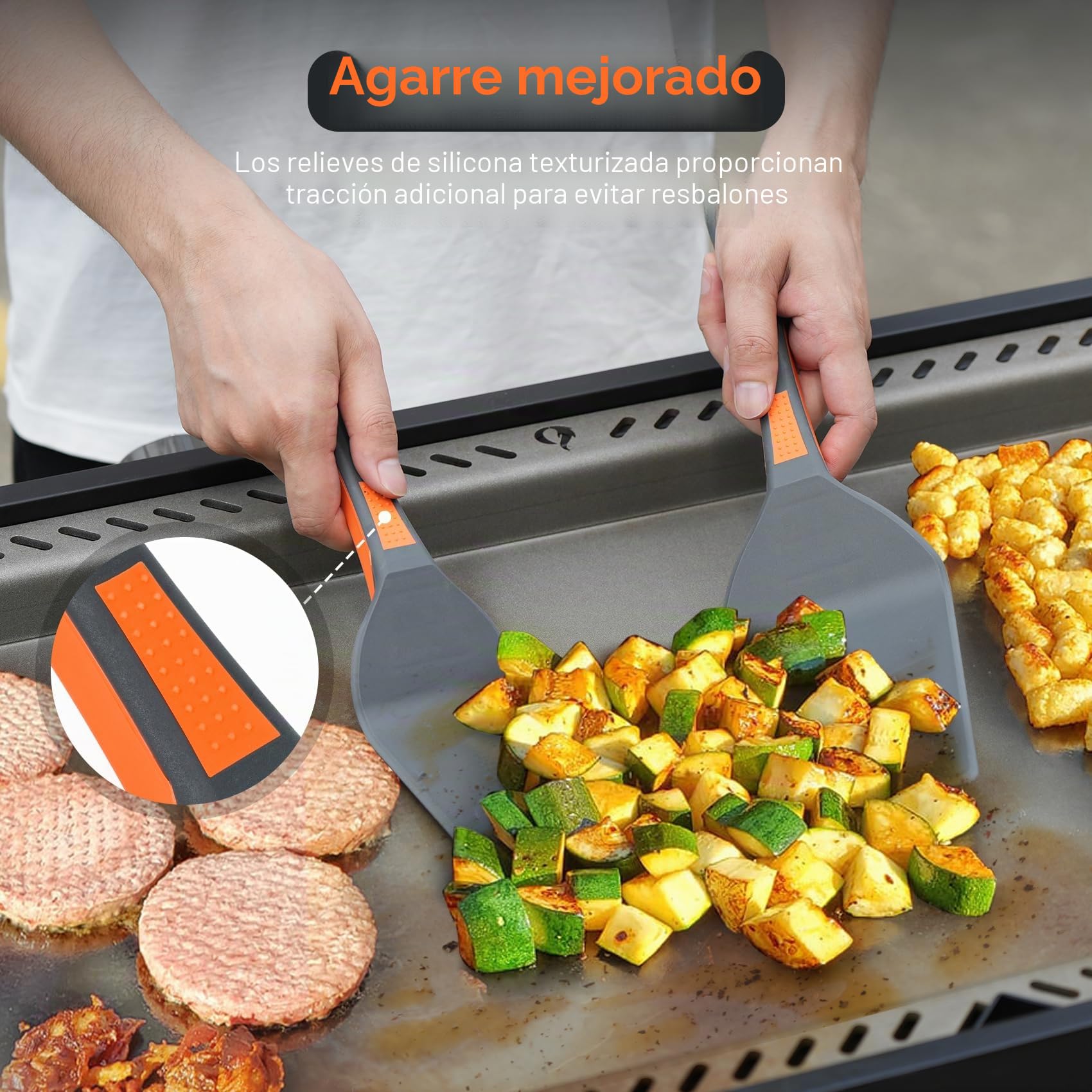 Onlyfire Kits de Utensilios Profesionales de Nylon para Barbacoas, 2 Espátulas para Plancha, Cuchara para Plancha y Pinza de Cocina, Utensilios para Barbacoa y Cocina al Aire Libre