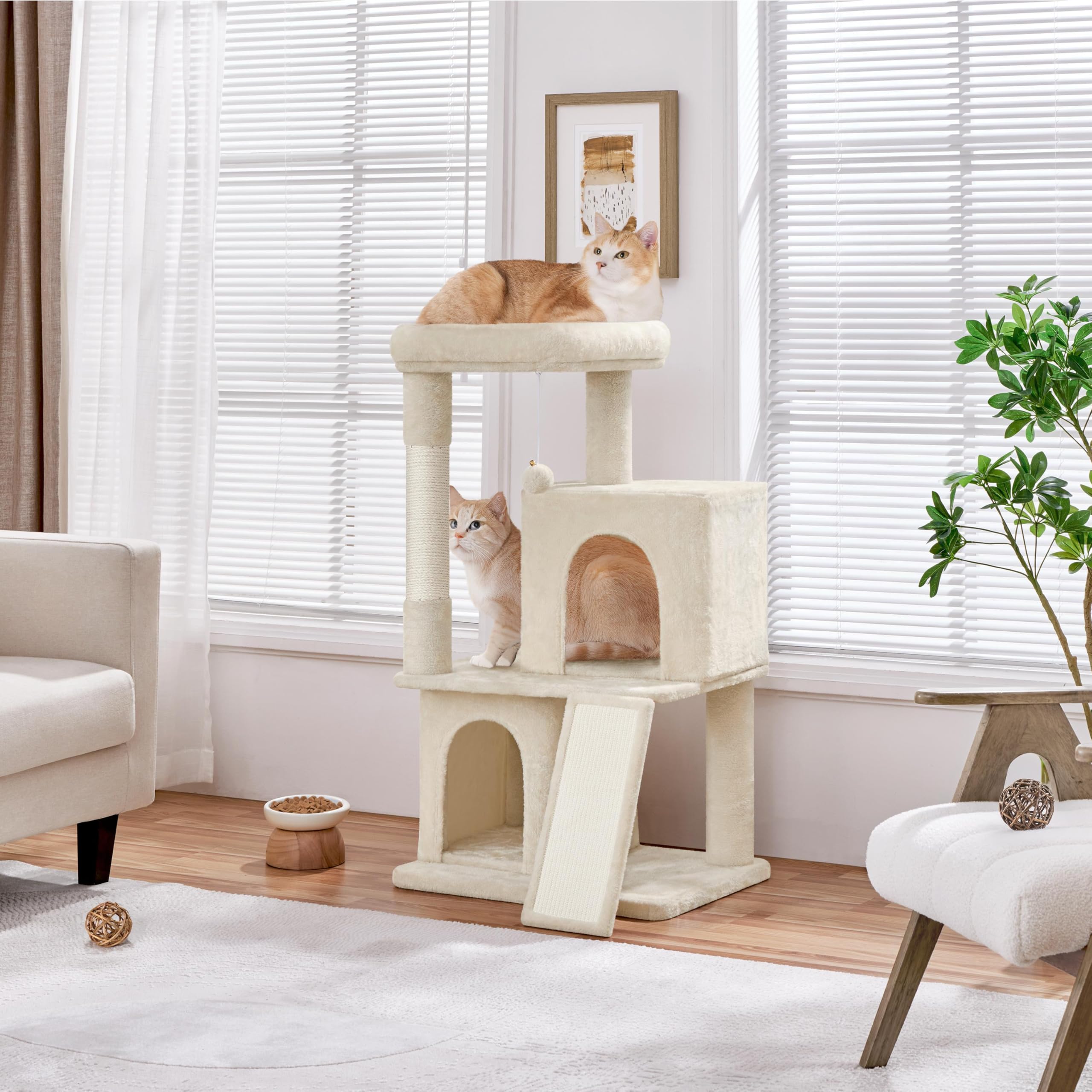 Yaheetech Árbol rascador para Gatos de 106 cm de Altura, con 2 Casitas y Pelota de Juego, Color Beige