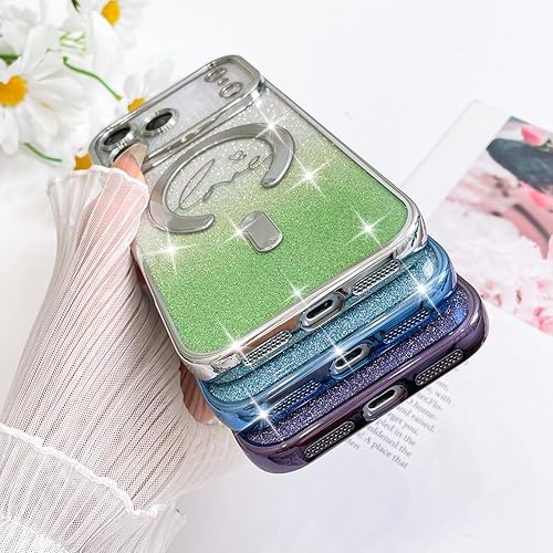 Vista 455 de Fiyart - Funda transparente magnética con purpurina para iPhone 12 para mujeres, con grabado "Love" metálico, protección para cámara y antigolpes