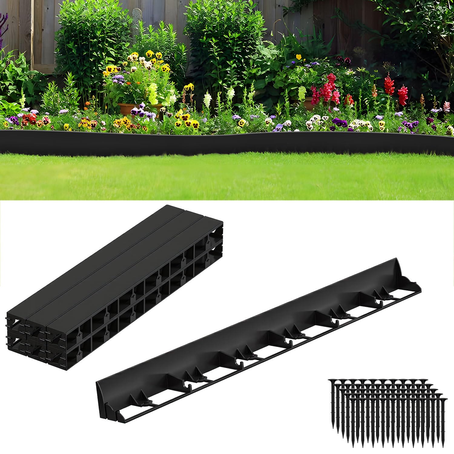 Bordatura per prato, in plastica, 24 m, altezza 7,8 cm, con 100 picchetti, senza scavare, bordo da giardino per prati, aiuole, sentieri e anelli per alberi, nero