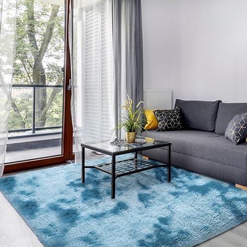 Large Area Rugs for Living Room, 6x9 Ft Tie-Dyed Bedroom Rug Carpet Shag Lounge Rug, Fluffy Plush Soft Throw Rug Ideal as Kids Rug Nursery Rugs Indoor Furry Floor Carpets Home Decor, Dark Blue