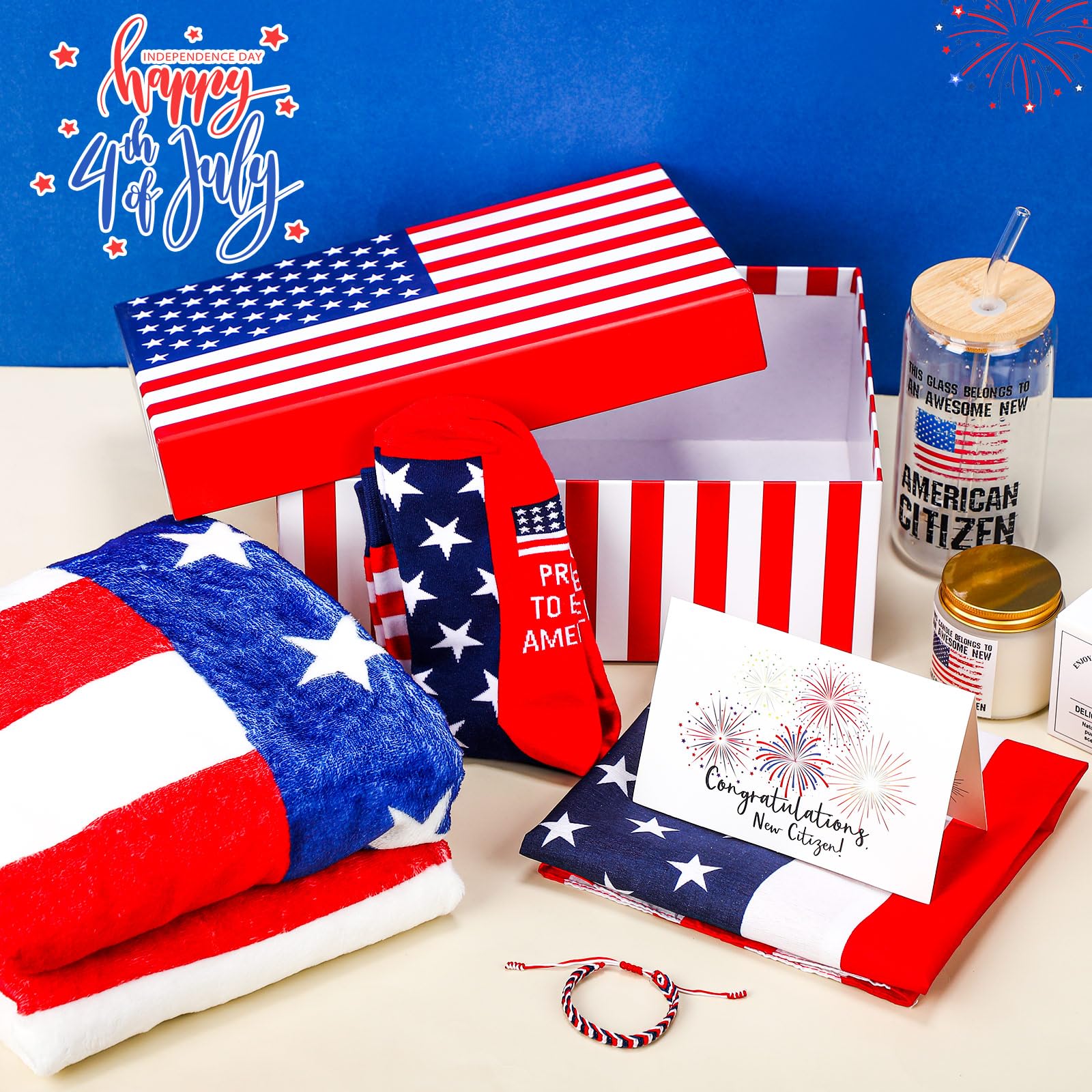 Nuanchu 8 Pcs New Us Citizenship Gifts American Flag Gifts Set with Citizen Glass Candle American Flag Blanket Sock Bandana Bracelet Patriotic Gift Box Congratulations Card for Veterans