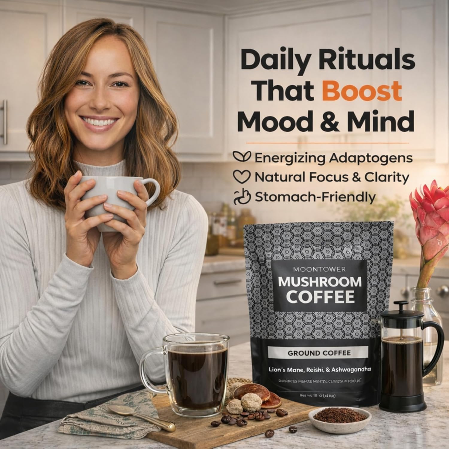 Moontower Adaptogen Mushroom Coffee Ground - Organic Mushroom Coffee with Lion's Mane, Reishi & Ashwagandha, Medium Roast Nicaraguan Beans for Focus & Clarity, Energizing Balanced Brew - 35 oz