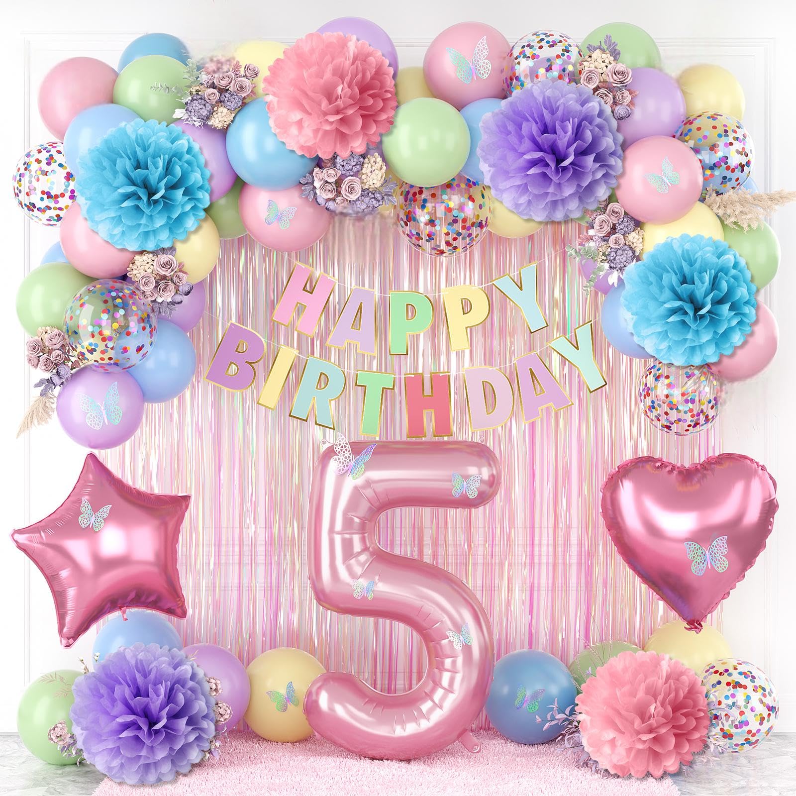 Pastel 5th Birthday Colorful Party Decorations Girls Pink Number 5 Balloon