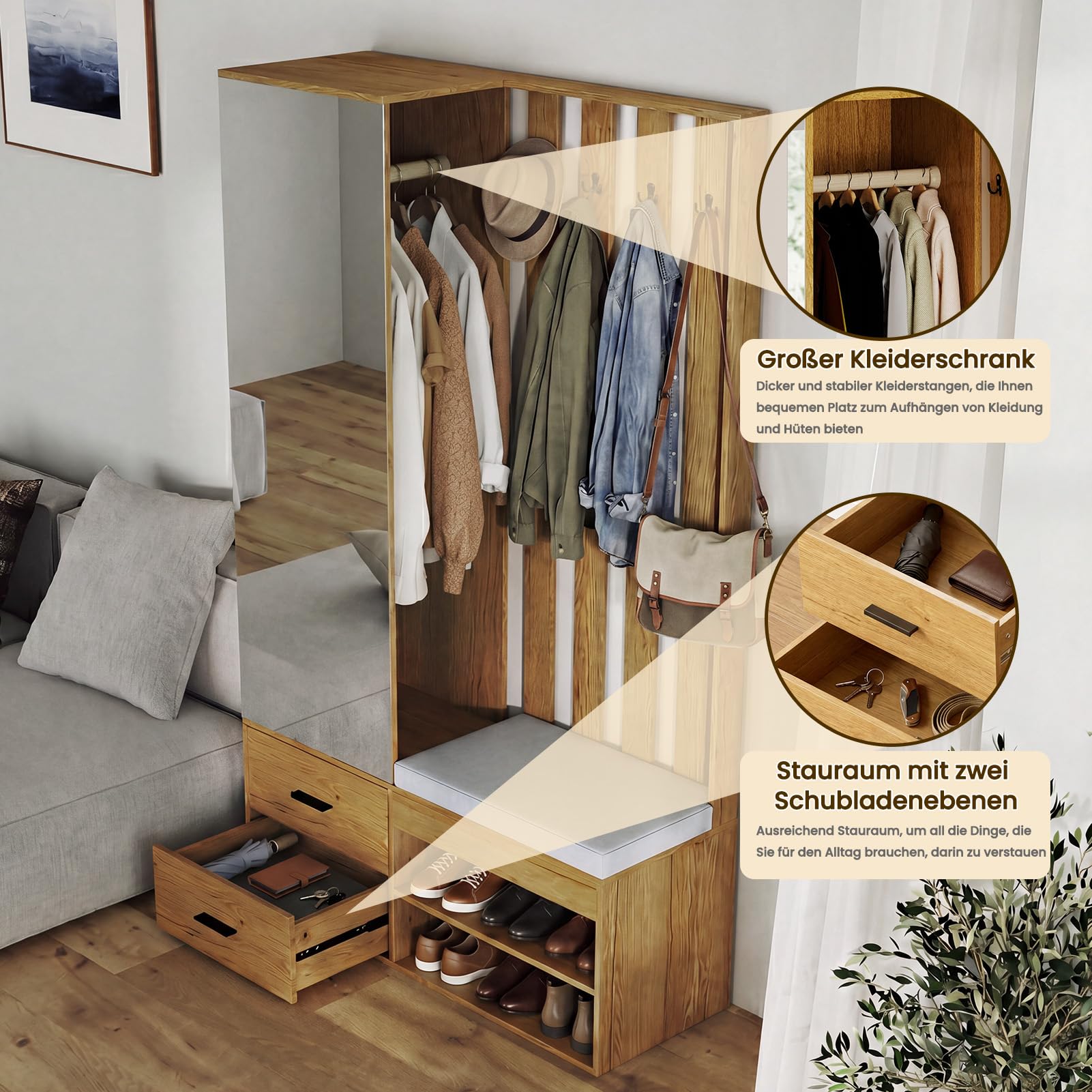 HAUSPROFI Garderobe Set Garderobenset Hoch mit Spiegel und Sitzbank, Garderobenschrank Flurgarderoben Set mit Haken und 2 Schuhschrank, Kompaktgarderobe mit 2 Schubladen, Flur Möbel, Holzfarbe