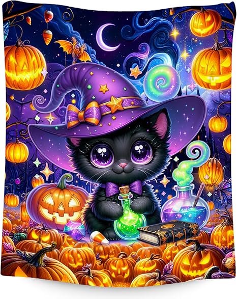 Halloween Blanket Gifts, Cat Blankets for Teens, Girls Throw with Cat on It, Cute Flannel Throw for Kid Boys, 50"x60"
