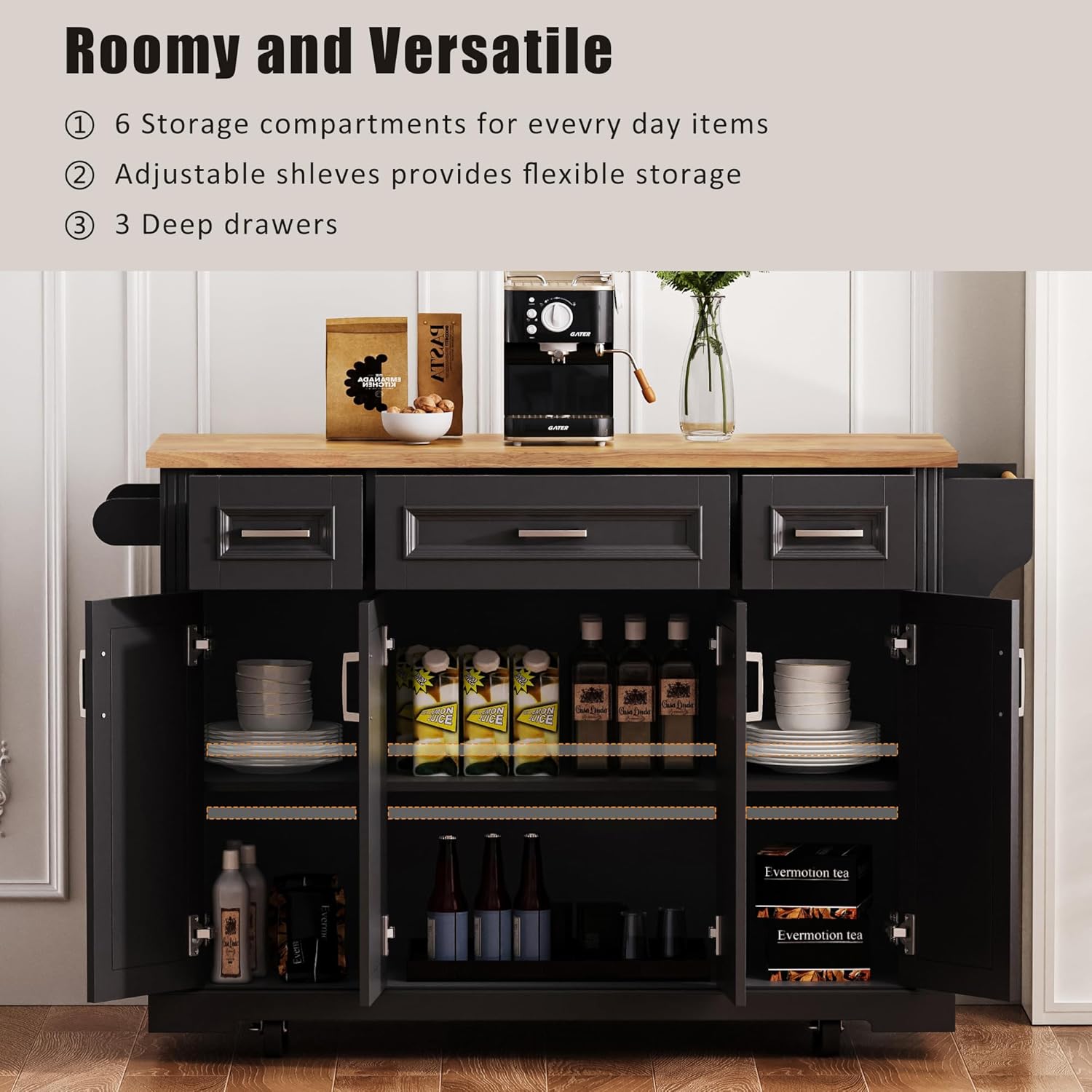 Yayzy Rolling Kitchen Island with Drop Leaf, 4 Cabinet Doors, 3 Drawers & Side Storage Racks, Mobile Kitchen Cart with Rubberwood Top & Locking Wheels for Dining Room & Kitchen, 54-Inch, Black