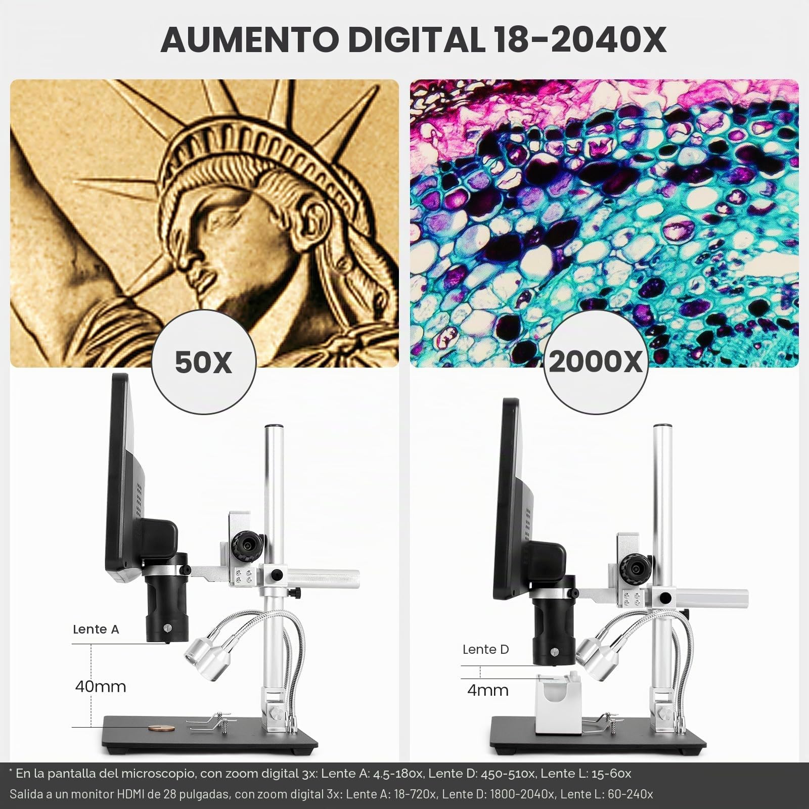 Andonstar AD249S-M Microscopio Digital HDMI de 10,1 Pulgadas 2000x, grabación de vídeo UHD de 3 Lentes 2160P, microscopio de Soldadura, Kit de microscopio biológico, Compatible con Windows