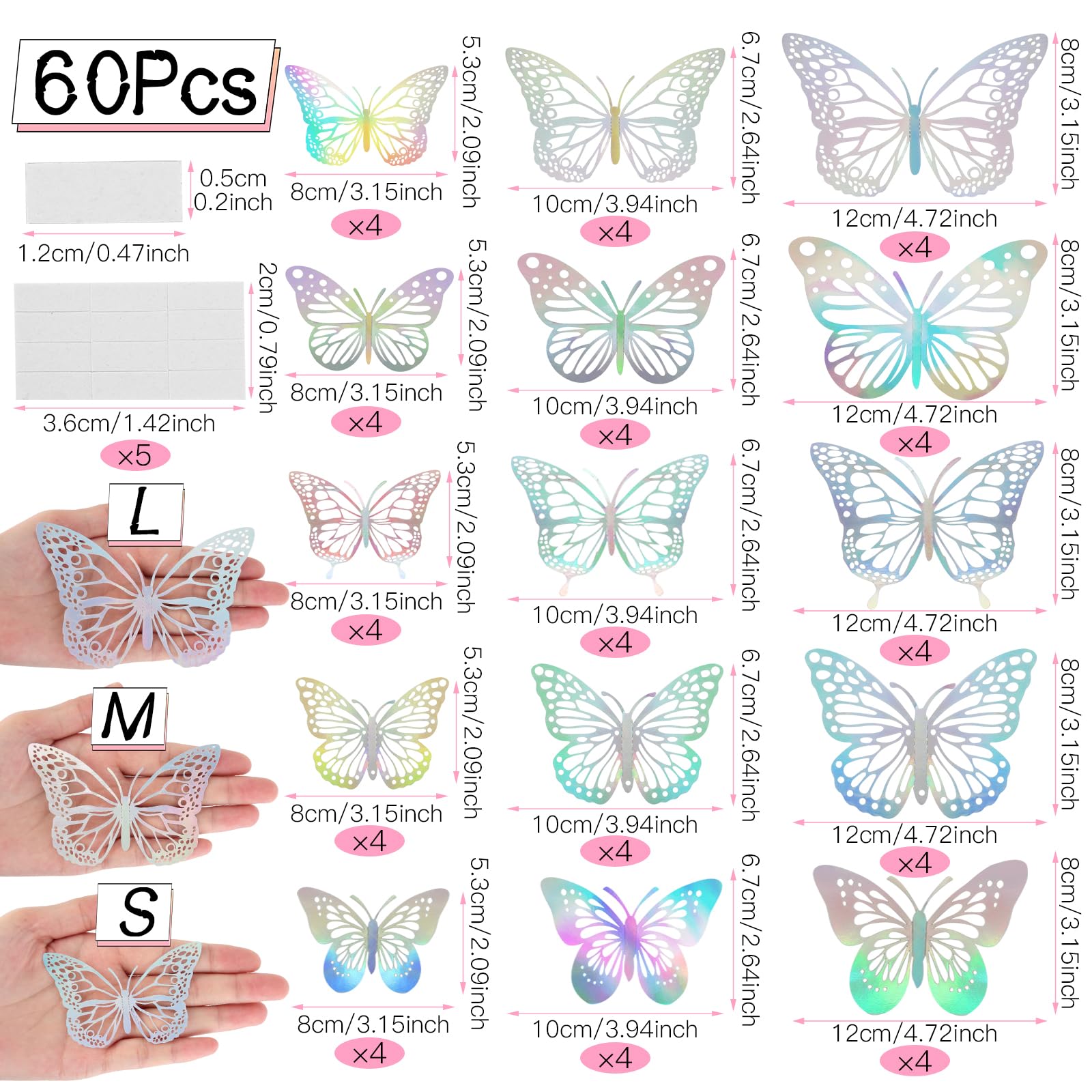 60 sztuk dekoracyjnych motyli 3D, 12/10/8 cm, 5 stylów, tatuaż ścienny, motyle, różowe złoto, metaliczne naklejki na ścianę, lodówkę, okno, meble, salon, pokój dziecięcy, kuchnię