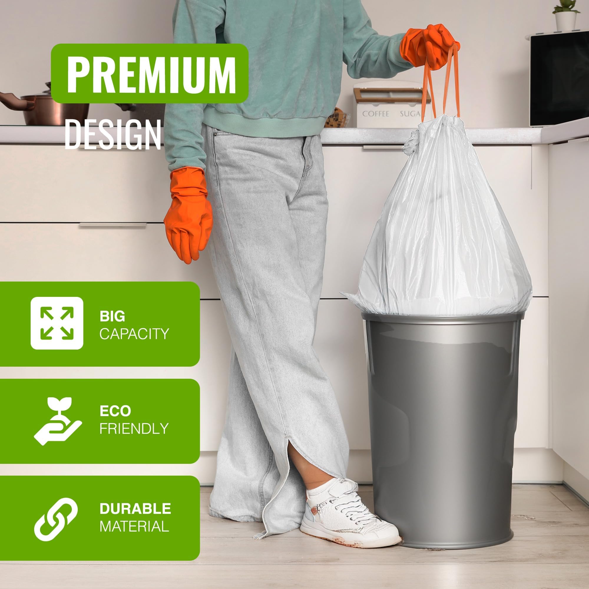 EcoBag Confezione da 100 sacchetti bianchi per la spazzatura da cucina con coulisse, 50-60 l, 28 micron, resistenti, compatibili con Brabantia, ecologici, resistenti agli strappi, trasparenti (620 x