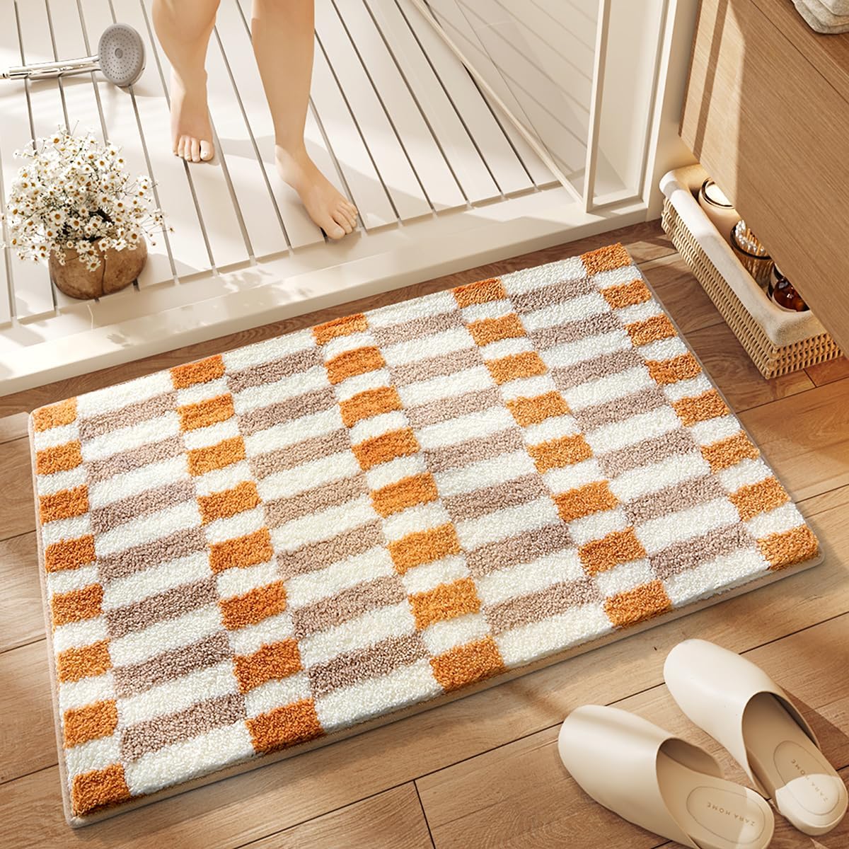Checkered Bath Mat Fun Bathroom Mat Non Slip and Super Absorbent Bathroom Rug Machine Wash Mat for Tub, Bedroom and Washing Room (31"x20", Orange)