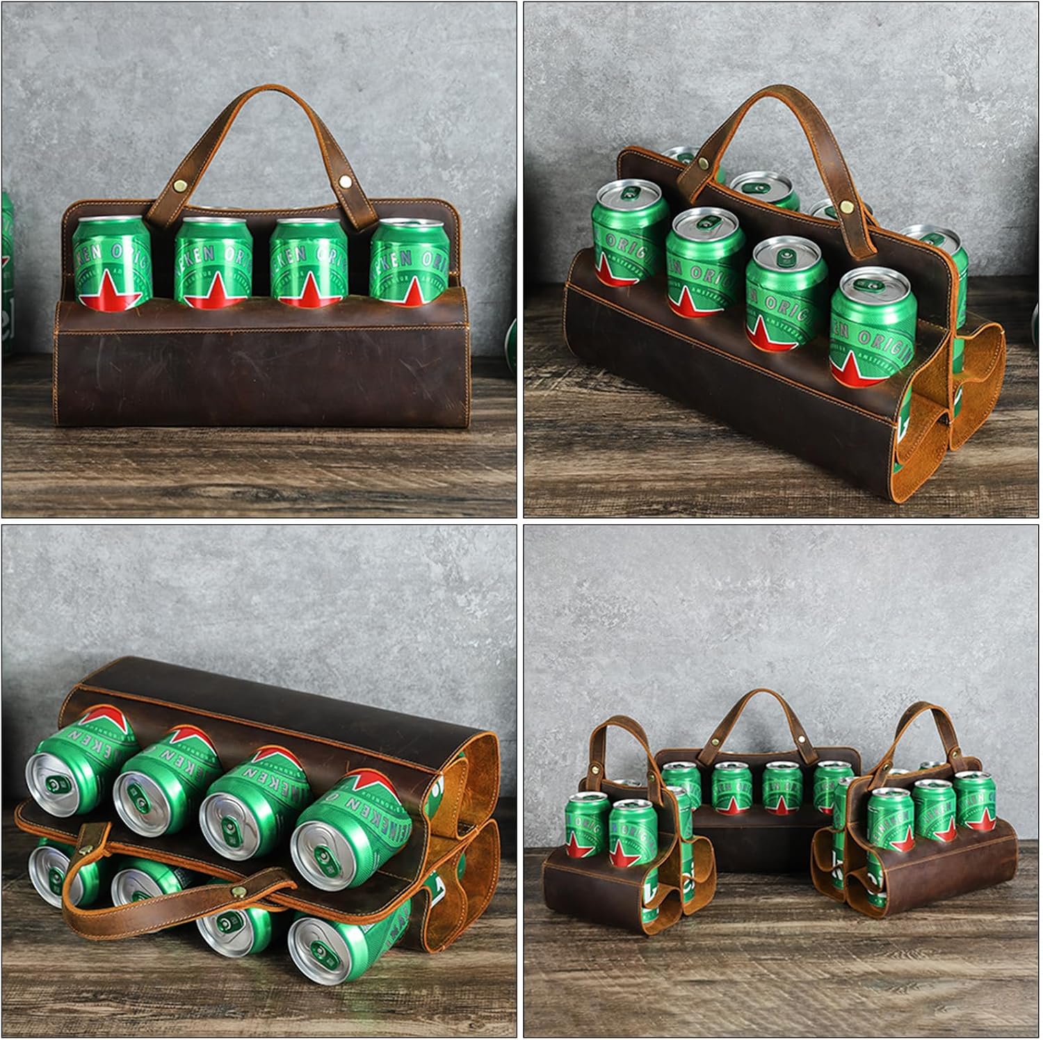 Hiram Handmade Crazy Horse Leather 8-Slot Beer Caddy Carrier with Bar Tool for Tall Cans Fits 68mm Diameter Cans for Wine Transport and Gifting