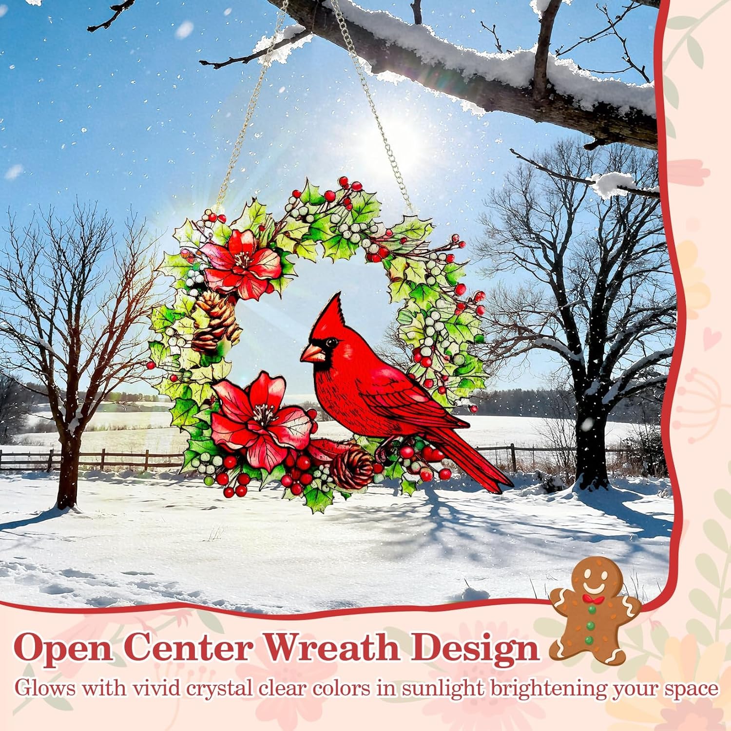 Cardinal Stained Glass Window Hanging, Renyalora 10 Inch Red Cardinal Bird Wreath Suncatcher with Flowers & Pinecones, Real Glass Window Decor Gift for Bird Lovers Mom Women Home Garden