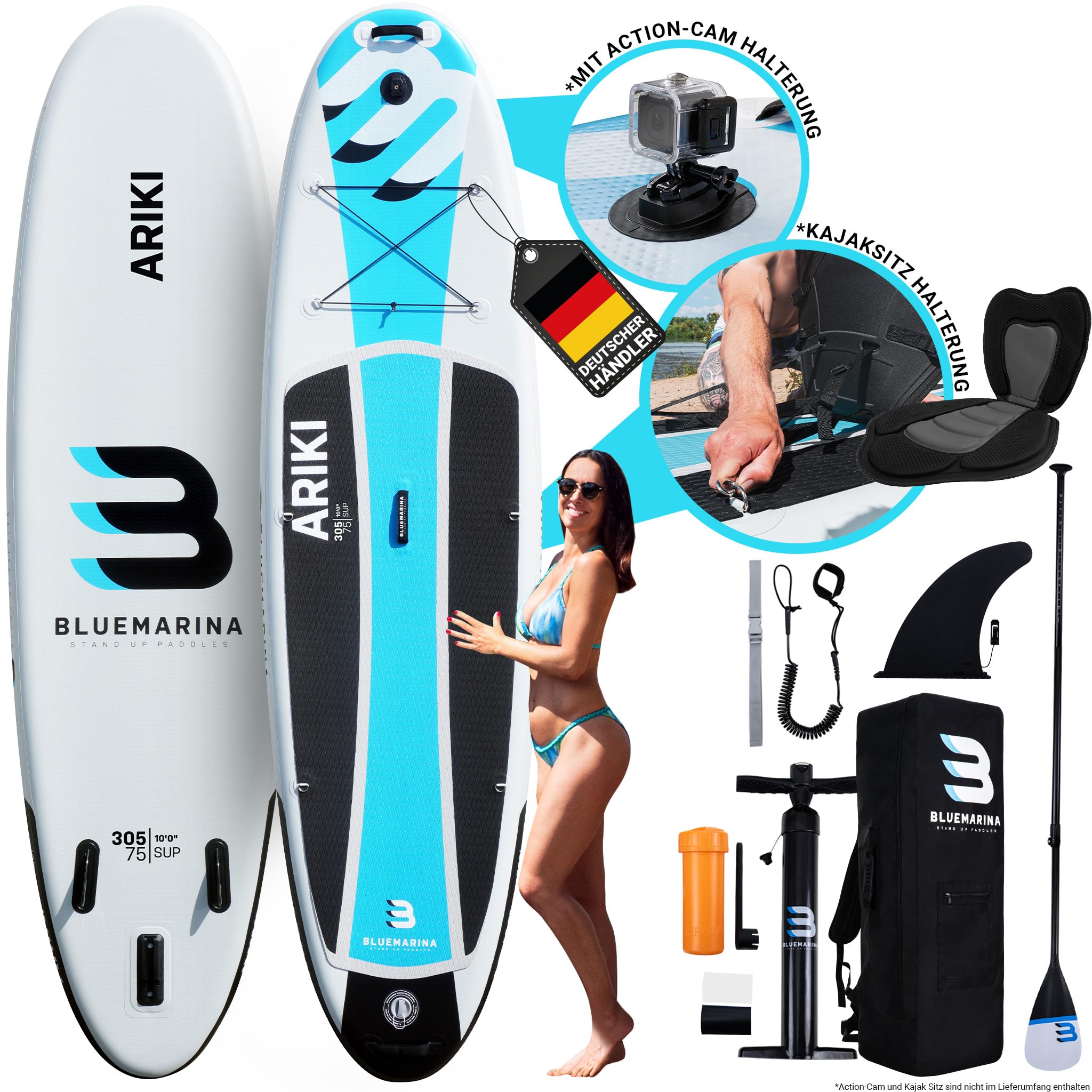 Bluemarina Planche de Stand Up Paddle Ariki Gonflable - Garantie DE 5 Ans - capacité de Charge jusqu'à 140 kg - Accessoires Inclus - 230x65x10 cm - 325x86x15 cm