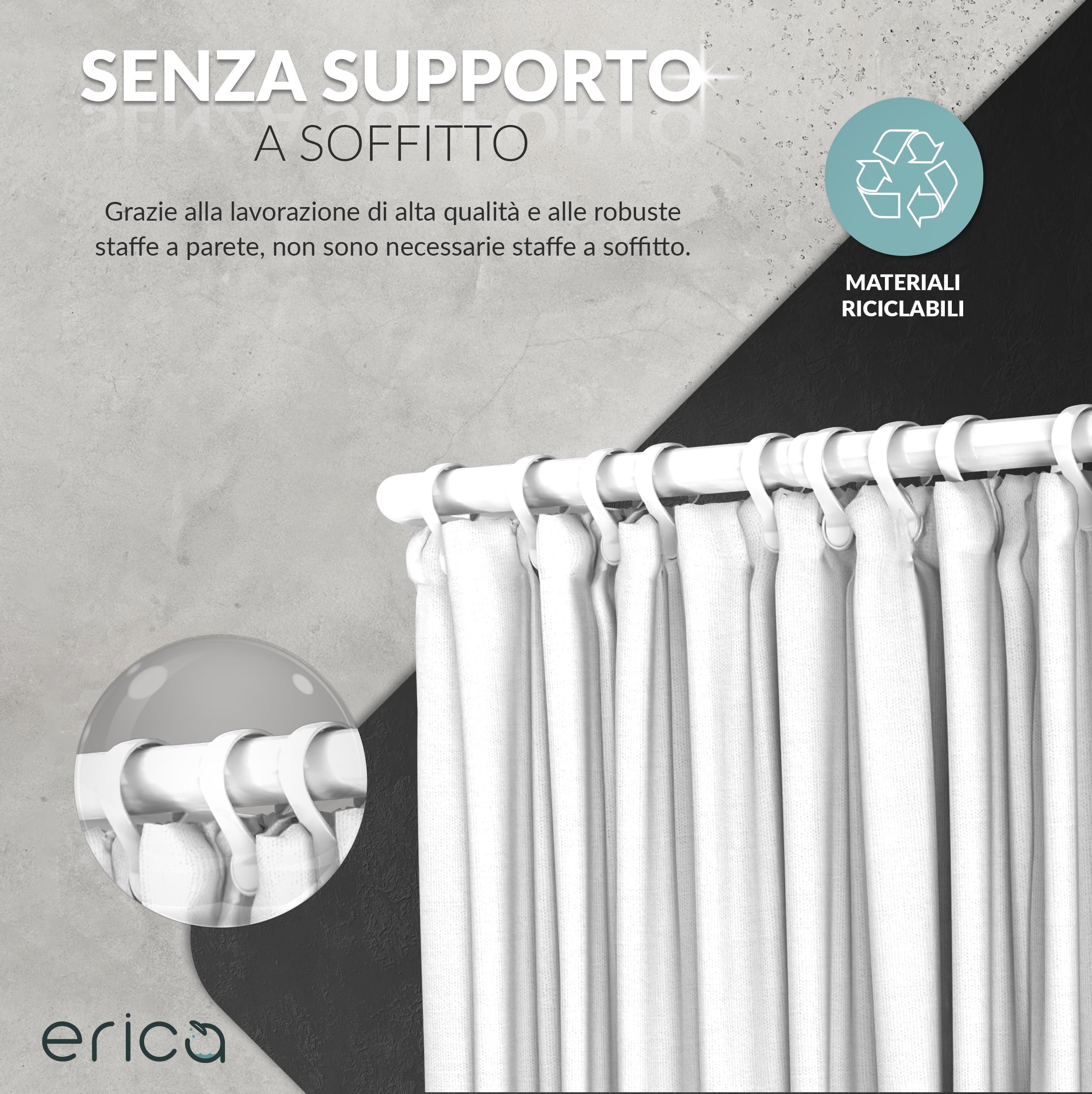 Erica Asta Tenda Doccia 12 Combinazioni, Bastone per Tenda Doccia Angolare e a U, Tubo Tenda Doccia, Supporto Tenda Doccia con Supporto Soffitto, Rivestimento in Plastica Senza PVC, 100% acciaio inox