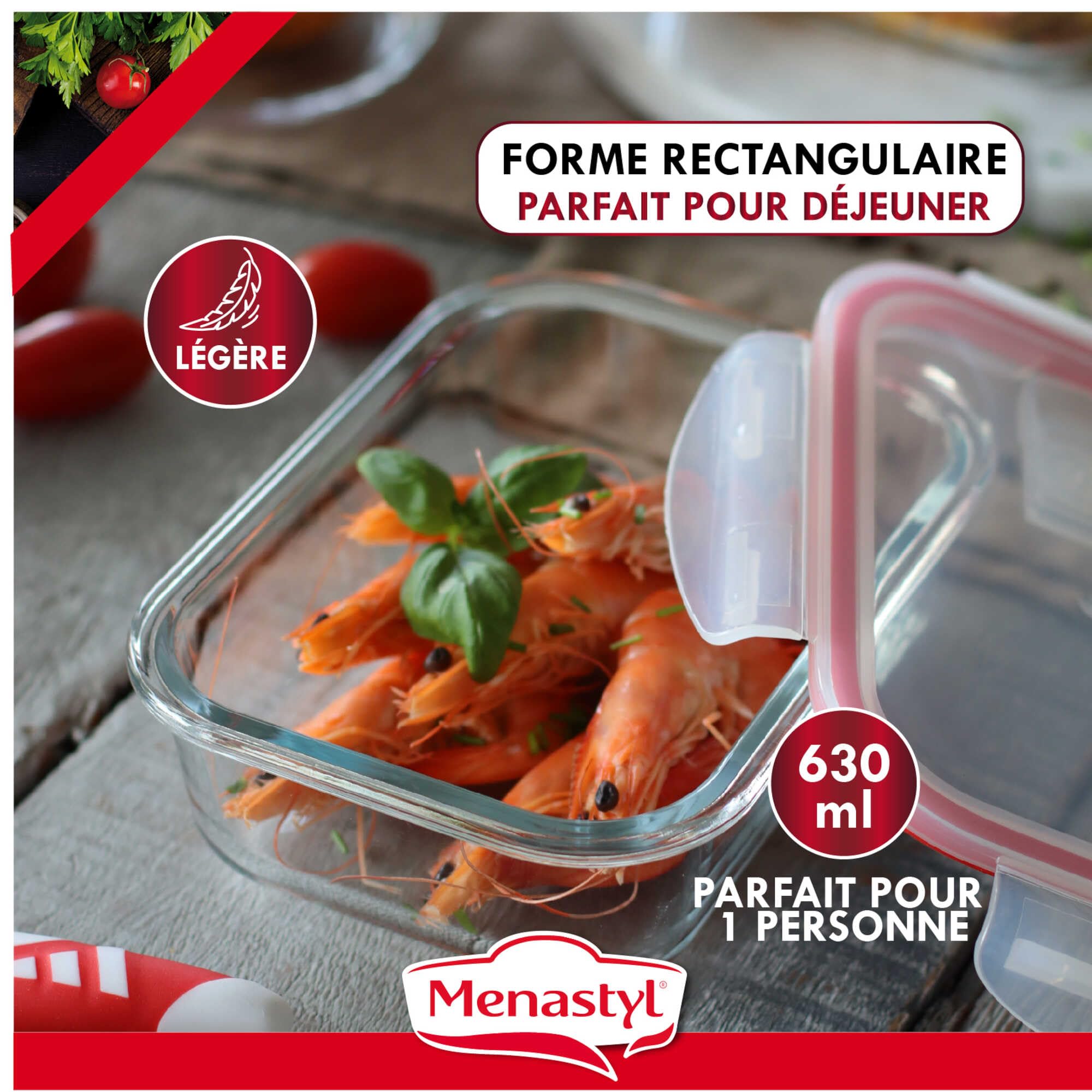 MENASTYL - Set di 6 contenitori ermetici in vetro borosilicato Clementine con coperchi - 630 ml - Impilabili - Ideale batch cooking - 6014015