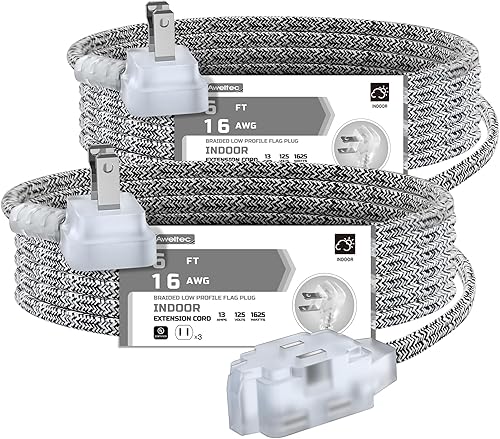 Miniatura 8 de AWLETEC - Paquete de 2 cables de extensión de 3 salidas, cable trenzado de 10 pies, 3 salidas polarizadas con tapa de seguridad para oficina en
