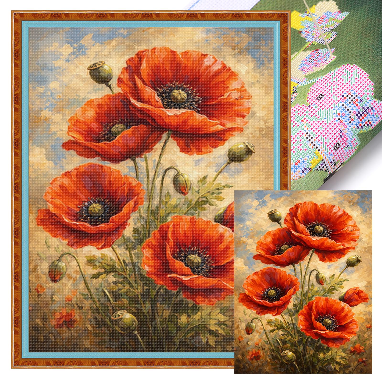 Poetrydraw Poppy Full 11Ct Diy Stamped Cross Stitch Kits Embroidery Needlepoint Starter Kits 40X55cm For Beginners Adults Home Decor (Poppy)
