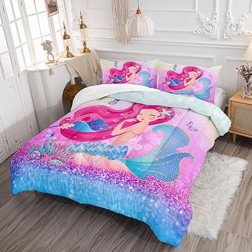Miniatura 2 de Juego de edredón de mariposa de sirena, tamaño individual, juego de ropa de cama de cuento de hadas, conchas marinas y hierba, colorido juego de