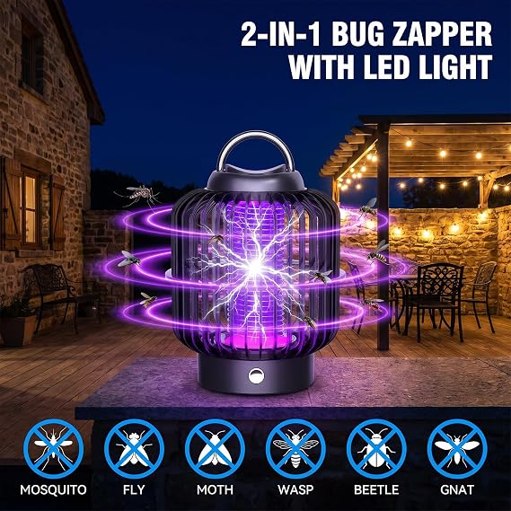 Bug Zapper Indoor Outdoor, 2200V Insect Fly Zapper Waterproof Rechargeable Cordless Zapper with 8H Battery Life, Portable IMosquito Trap Fly Trap for Home, Patio, Kitchen, Garden